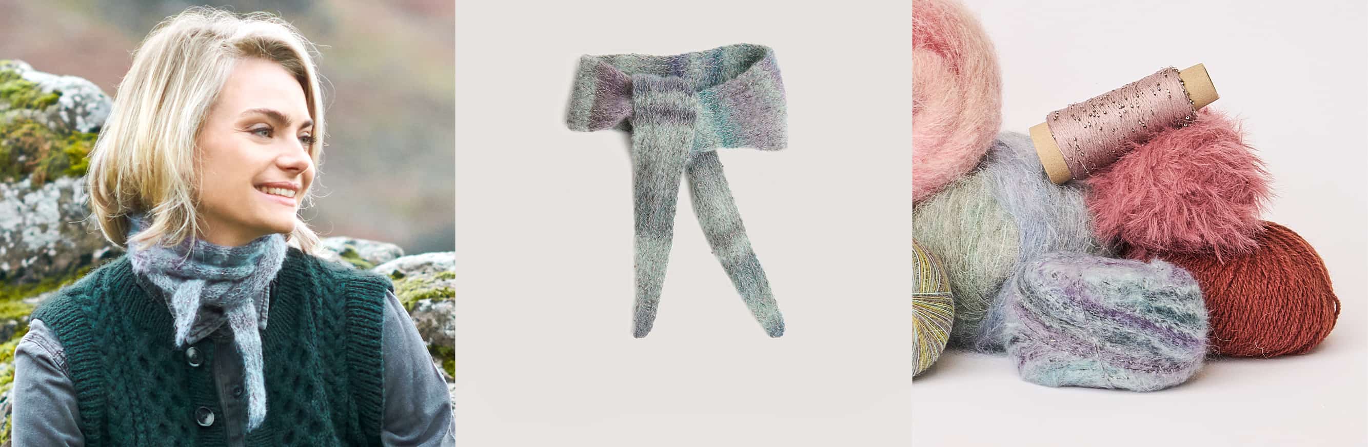 Gestricktes Mini-Tuch Modell 12 aus Lovewool No. 23 getragen von einer Frau und vor grauem Hintergrund. Daneben gestapelte Wollknäuel in Rosa, Rot und Blau mit Farbverläufen. 