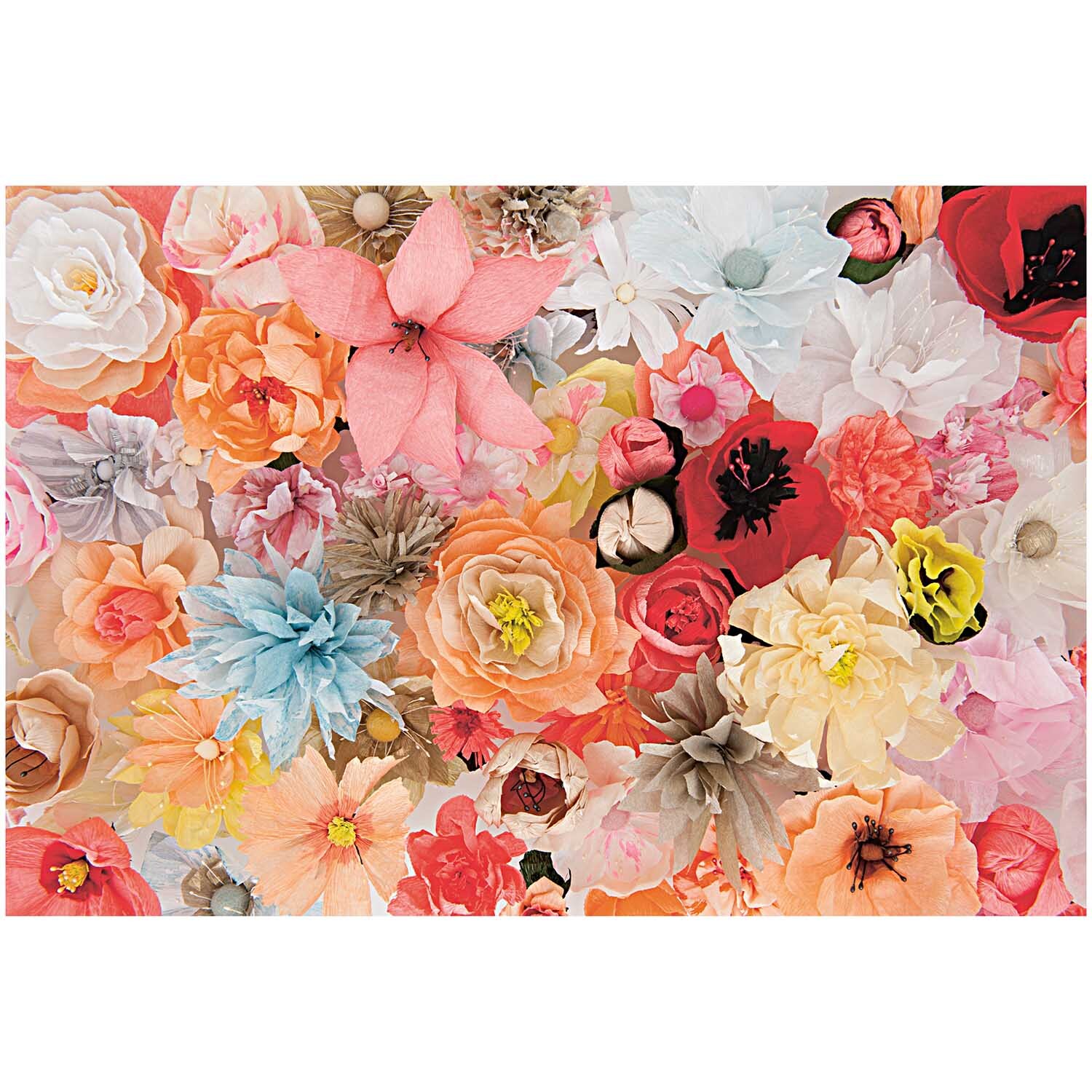 Floristenkrepp von Rico Design in Graubeige, umgeben von bunten, kunstvoll arrangierten Papierblumen.