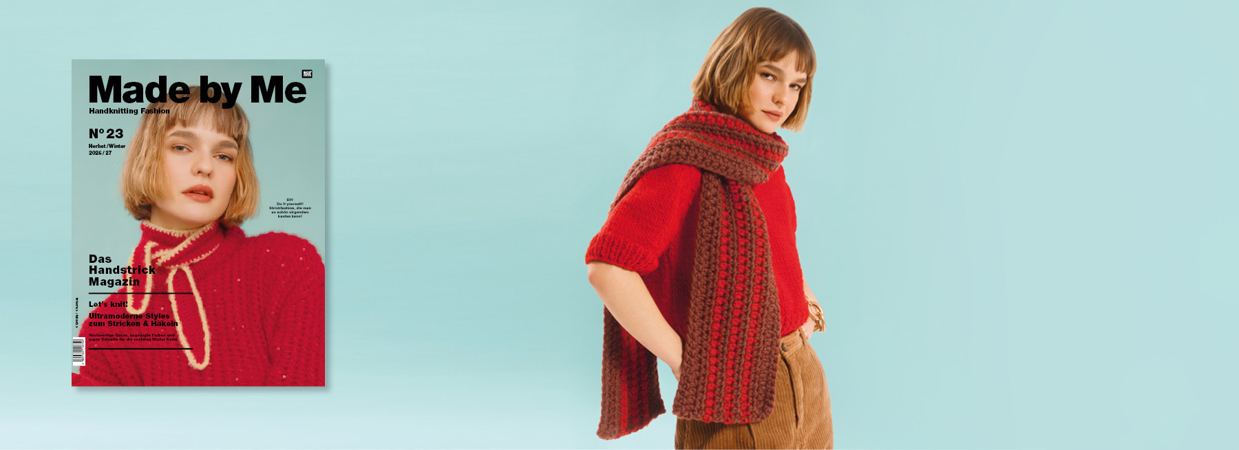 Eine Frau trägt einen roten gestrickten Pullover und einen gehäkelten Schal und posiert vor hellblauem Hintergrund. Daneben ein Cover des Handstrick Magazins Made by Me No. 23.