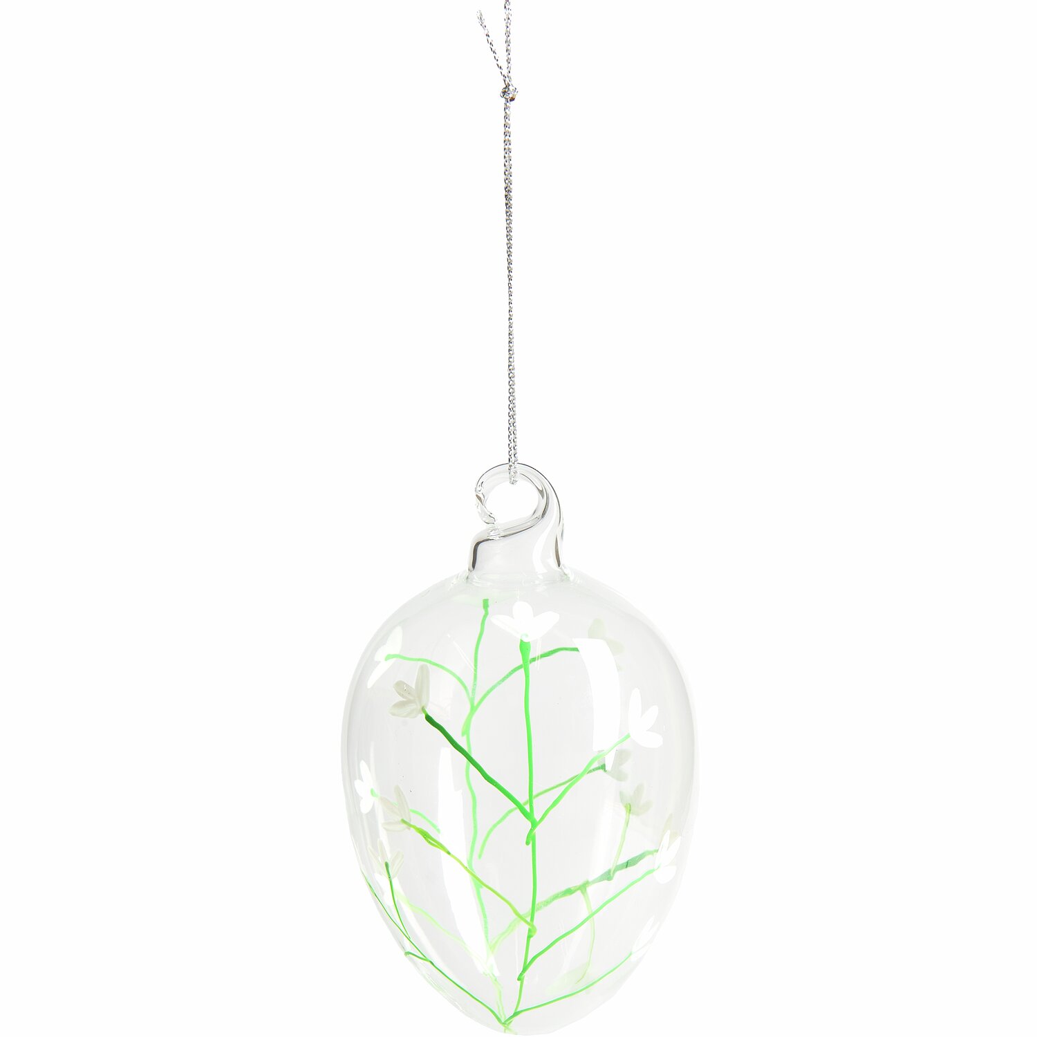 Glas Eier zarte Blüten 3 Stück, dekoratives, transparentes Ei mit grünen Blütenmotiven, 11,5xØ7cm, ideal für stilvolle Frühlingsdekorationen.