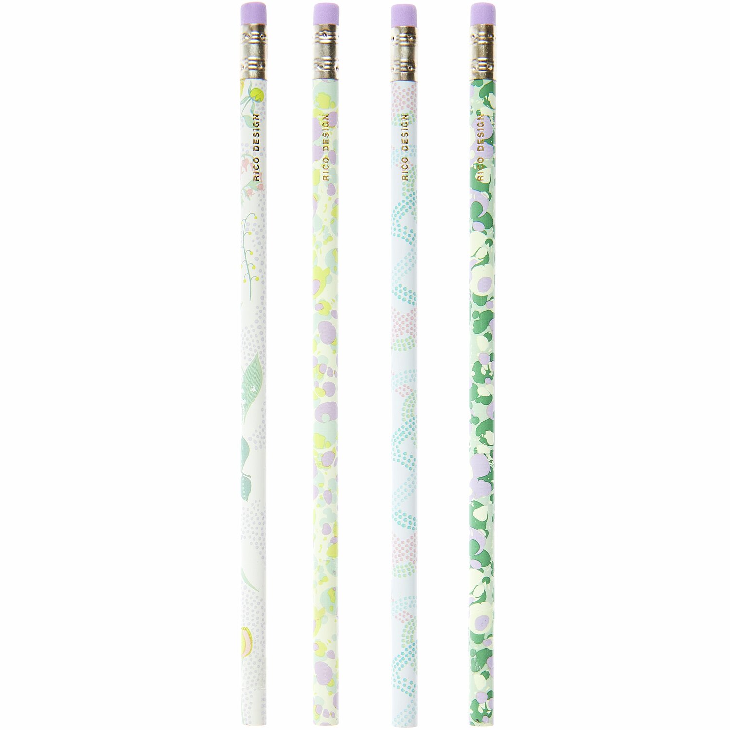 Paper Poetry Bleistiftset Sky Blumen/Marble, 4-teilig, mit floralen Mustern und lila Radiergummis. Ideal für kreative Projekte.