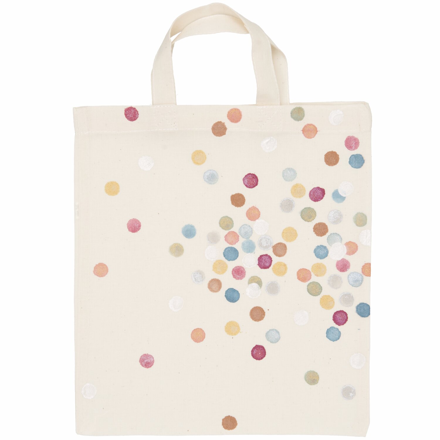 Textilfarben metallic 6x40ml: Stofftasche mit bunten Punkten, bemalt mit schimmernden Farben.