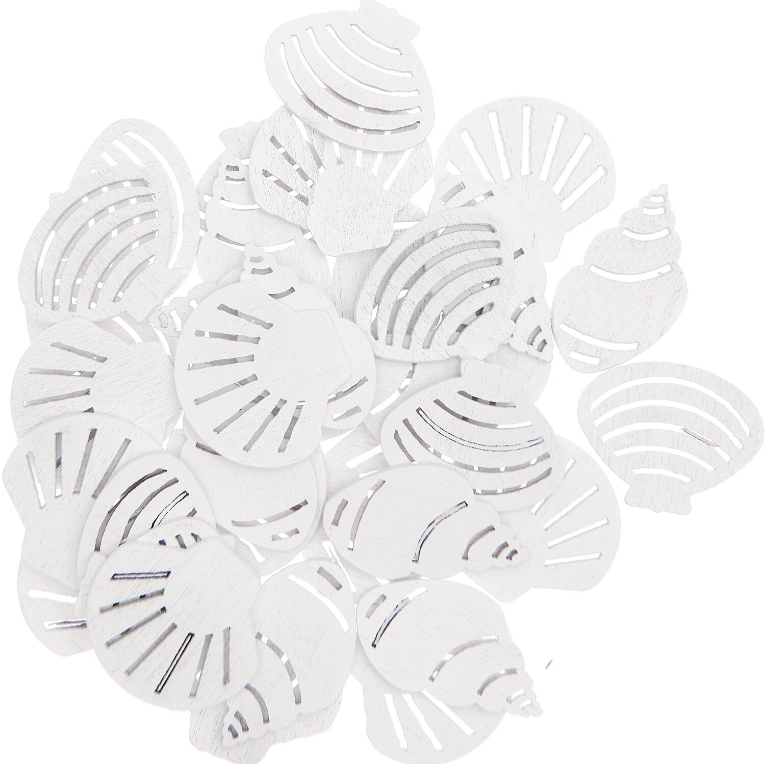 Holzstreu Muscheln weiß 36 Stück: Weiße Muschel-Dekorationen aus Holz, ideal für kreative Bastelprojekte und maritime Themen.