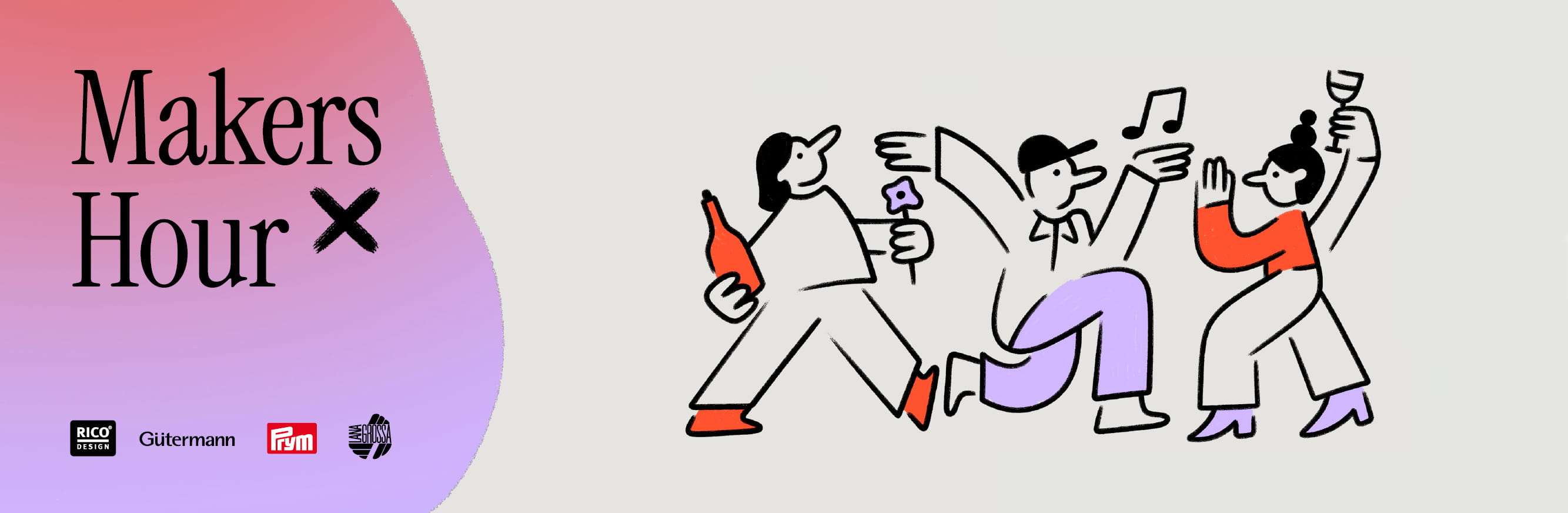 Einladung zur Makers Hour: Illustrierte Grafik mit fröhlichen Personen und den Logos von Rico Design, Gütermann, Prym und Lana Grossa.
