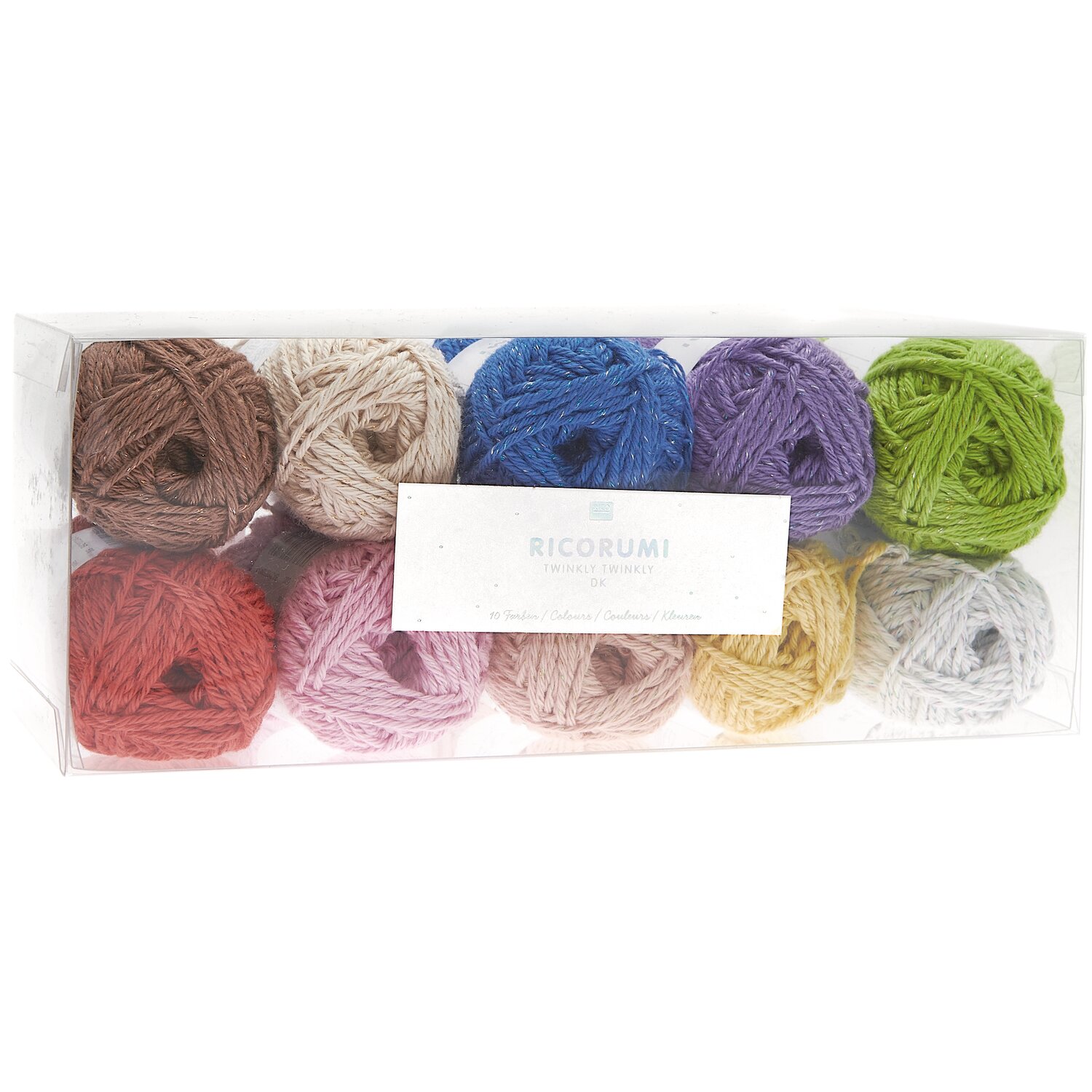 Ricorumi Twinkly Twinkly dk Set mit 10x25g Garnknäuel in bunter Mischung in transparenter Box von Rico Design für kreative Häkel- und Strickprojekte