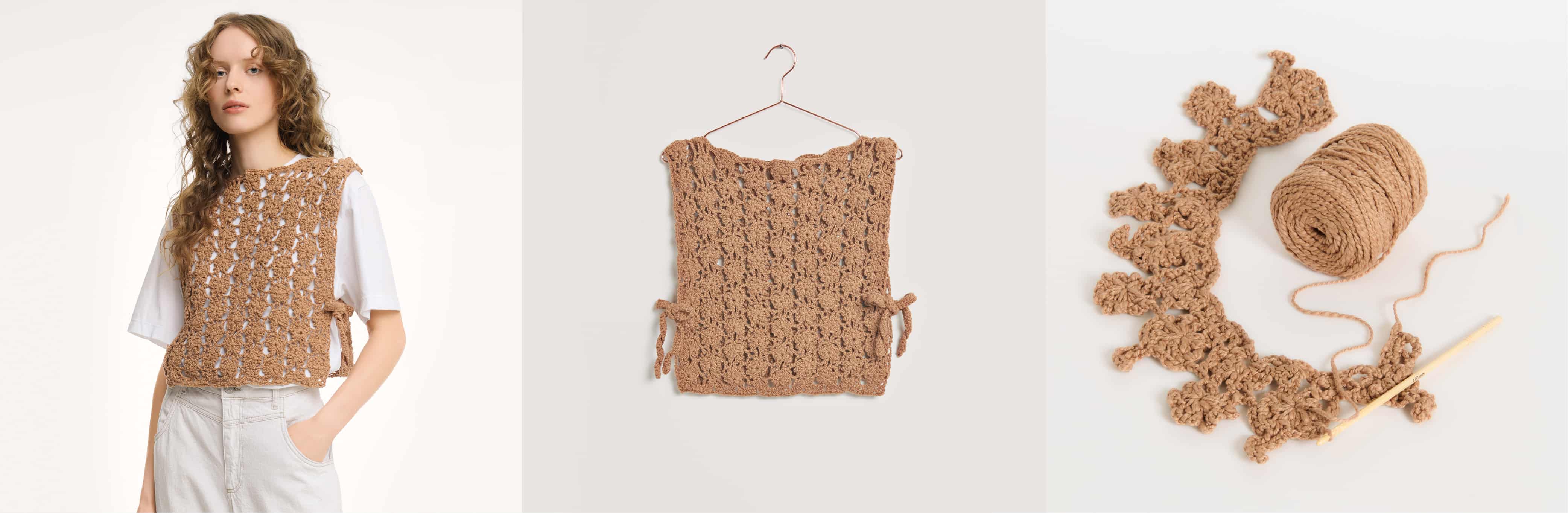 Gehäkelter Pullunder Modell 06 aus Made by Me No. 22 getragen an weiblichem Model und auf einem Bügel. Daneben Wollknäuel in Hellbraun und ein Häkelstück an einer Häkelnadel.