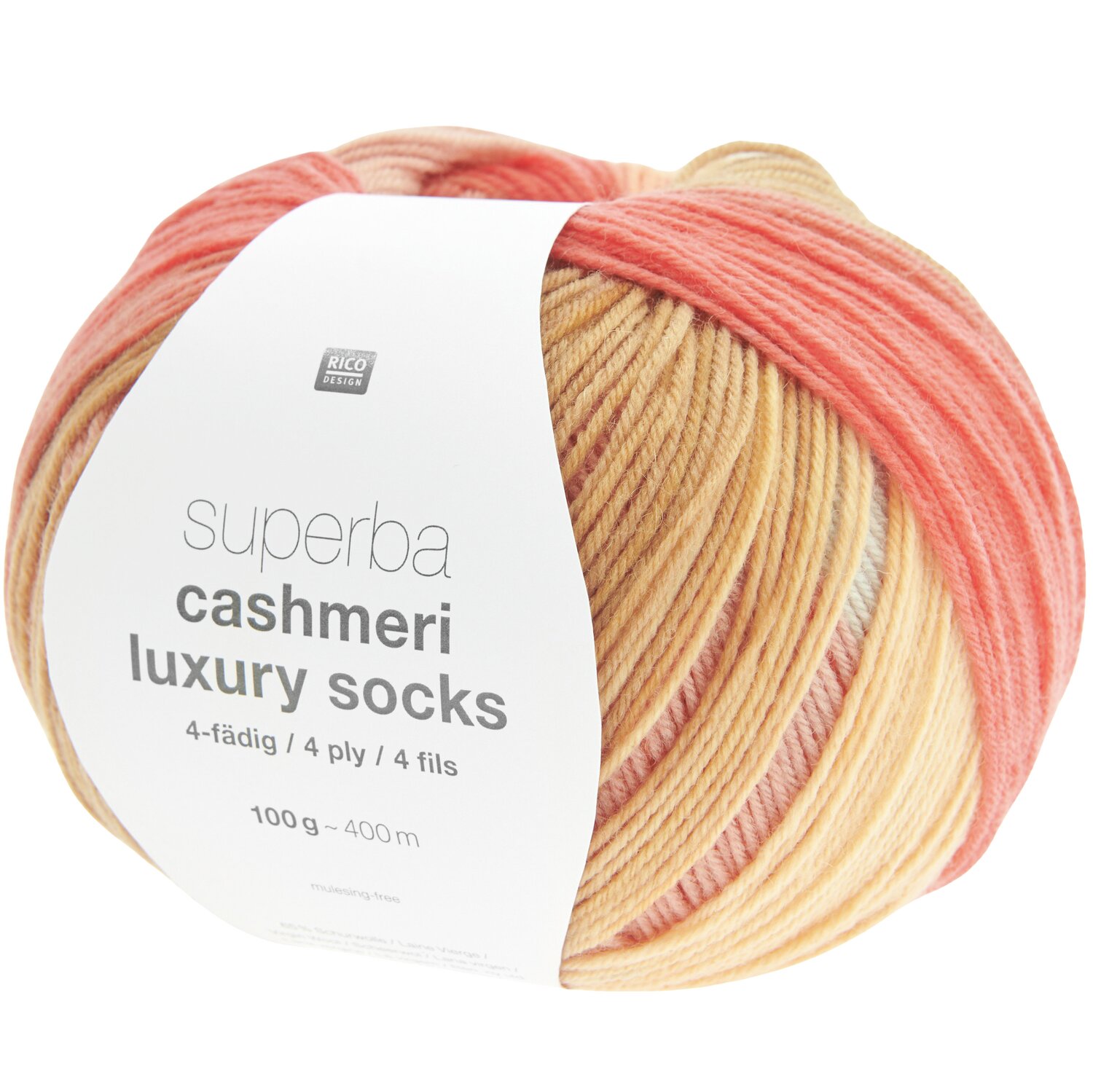 Superba Cashmeri Luxury Socks 4fädig in sanften Pfirsichtönen, 100g, 400m, von Rico Design.