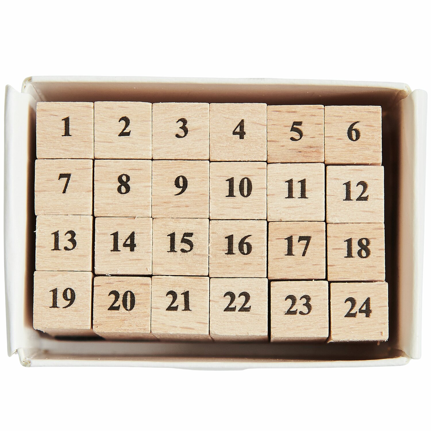 Mini Stempelset Zahlen 1-24 von Rico Design, bestehend aus 24 nummerierten Holzstempeln in einer Box.