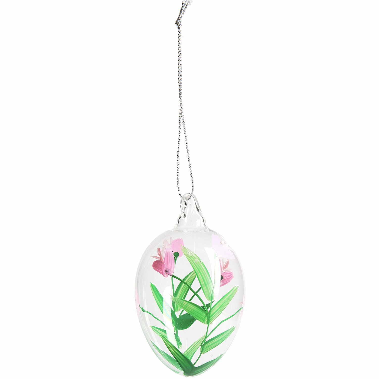 Glas Eier Blumenwiese handbemalt 4 Stück: Handbemaltes Glasei mit rosa Blumenmotiv, hängend an silbernem Faden. Ideal für Frühlingsdekorationen.