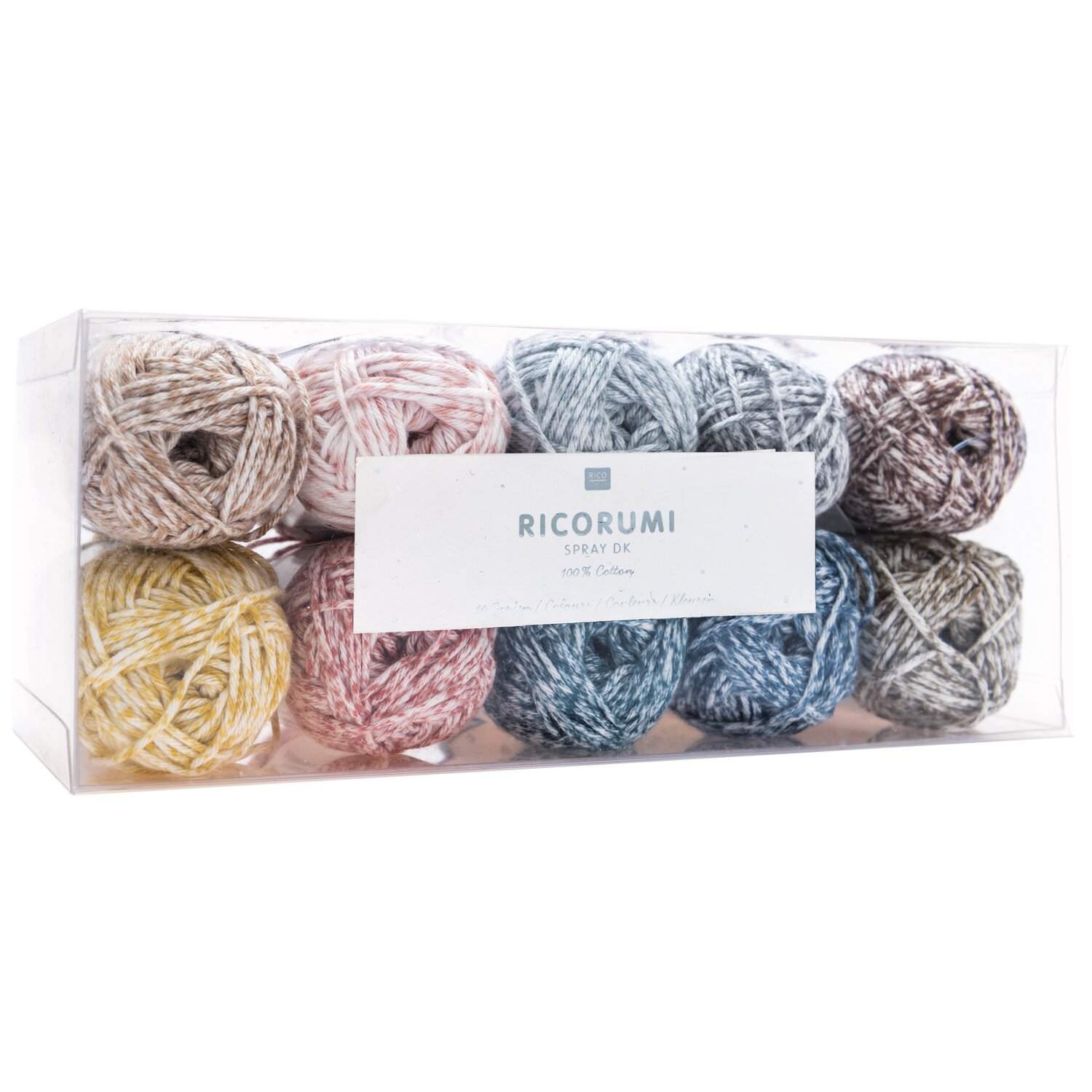 Creative Ricorumi Spray dk Set im transparenten Karton mit zehn Rico Design Knäueln, vielseitiges Häkelgarn 10x25g in melierten Tönen für kreative Amigurumi-Projekte