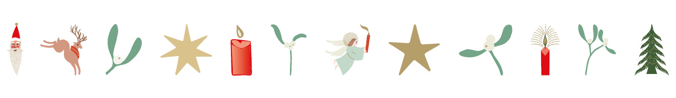 Illustrationen von Mistelzweigen, Sternen, Kerzen und weiteren Weihnachtsmotiven. 