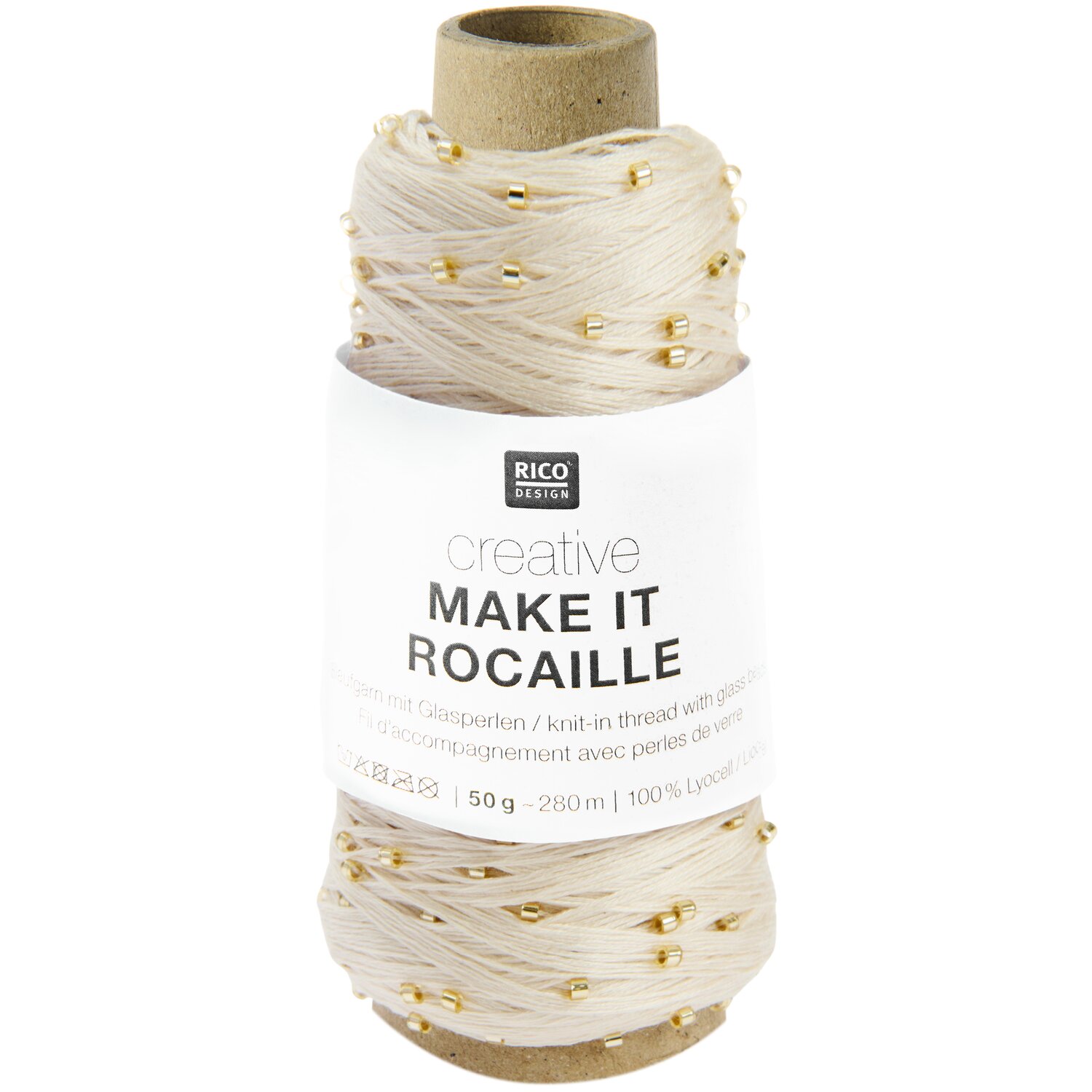 Creative Make It Rocaille, feiner cremefarbener Garnfaden von Rico Design mit eingearbeiteten goldenen Perlen auf Kartonrolle, subtile Glanzoptik, 50g 280m