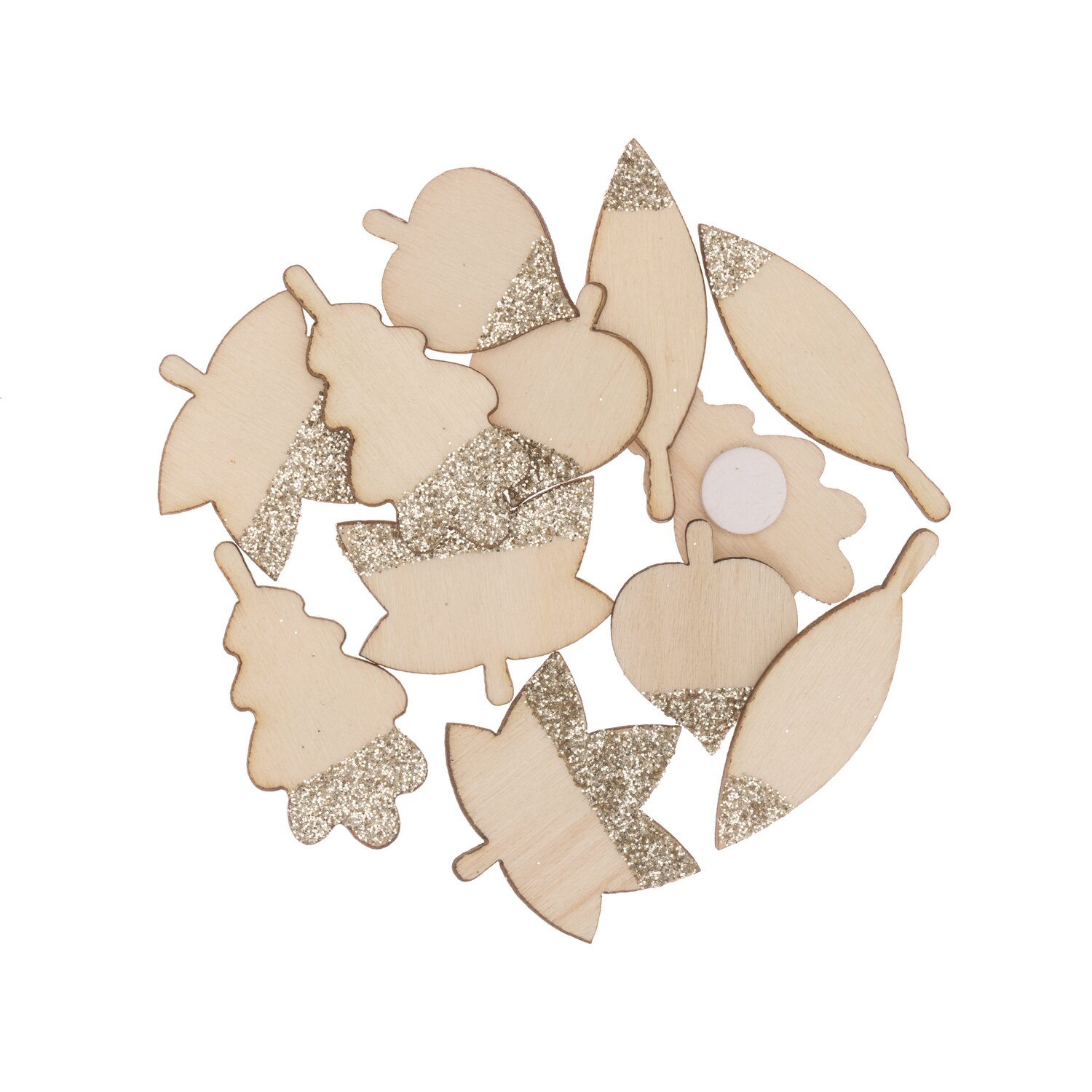 Holzsticker Blätter Mix mit Glitter natur-gold, 12 Stück. Verschiedene Blattformen mit glitzernden Akzenten, ideal für kreative Dekorationen.