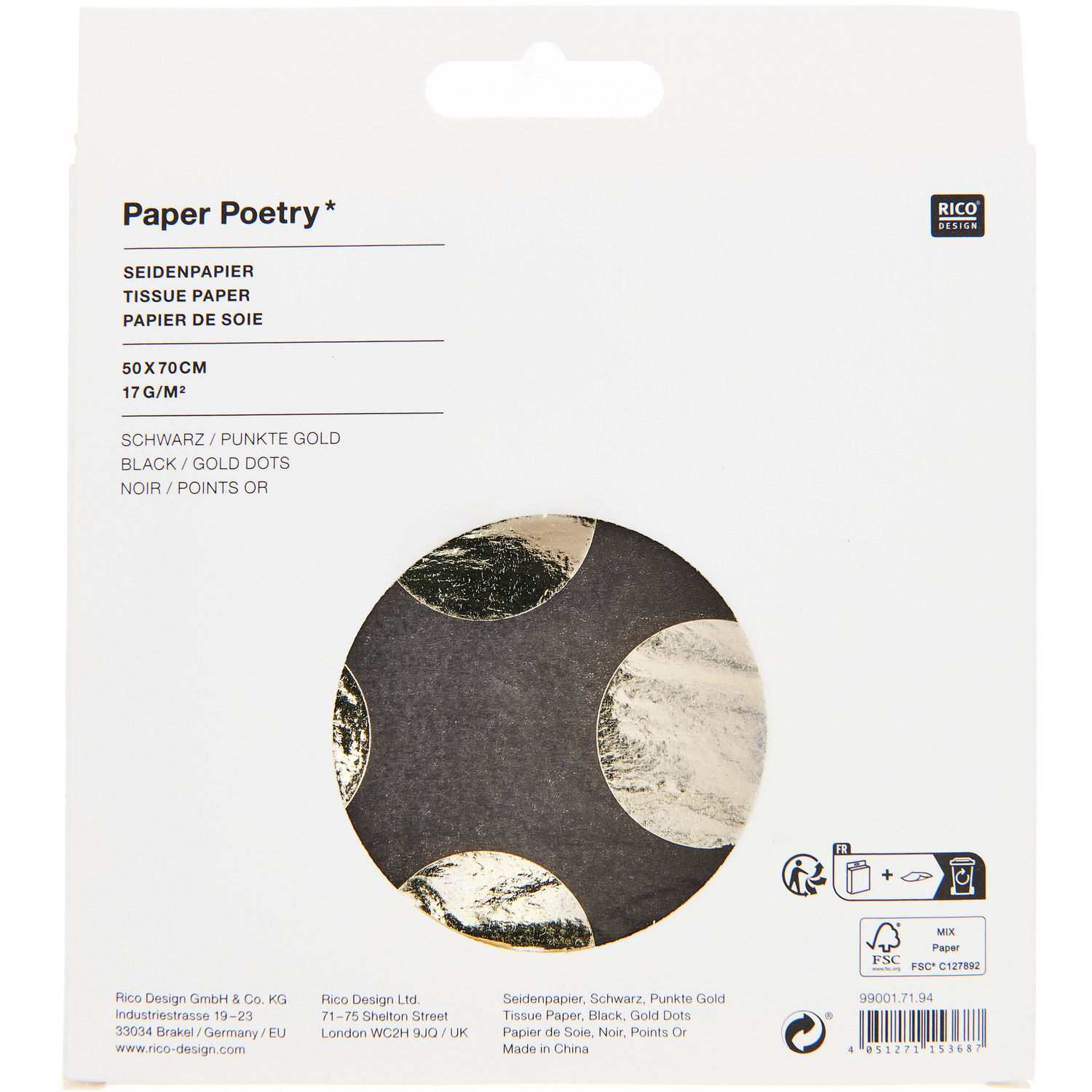 Paper Poetry Seidenpapier Punkte Schwarz-Gold 70x50cm 4 Bogen von Rico Design