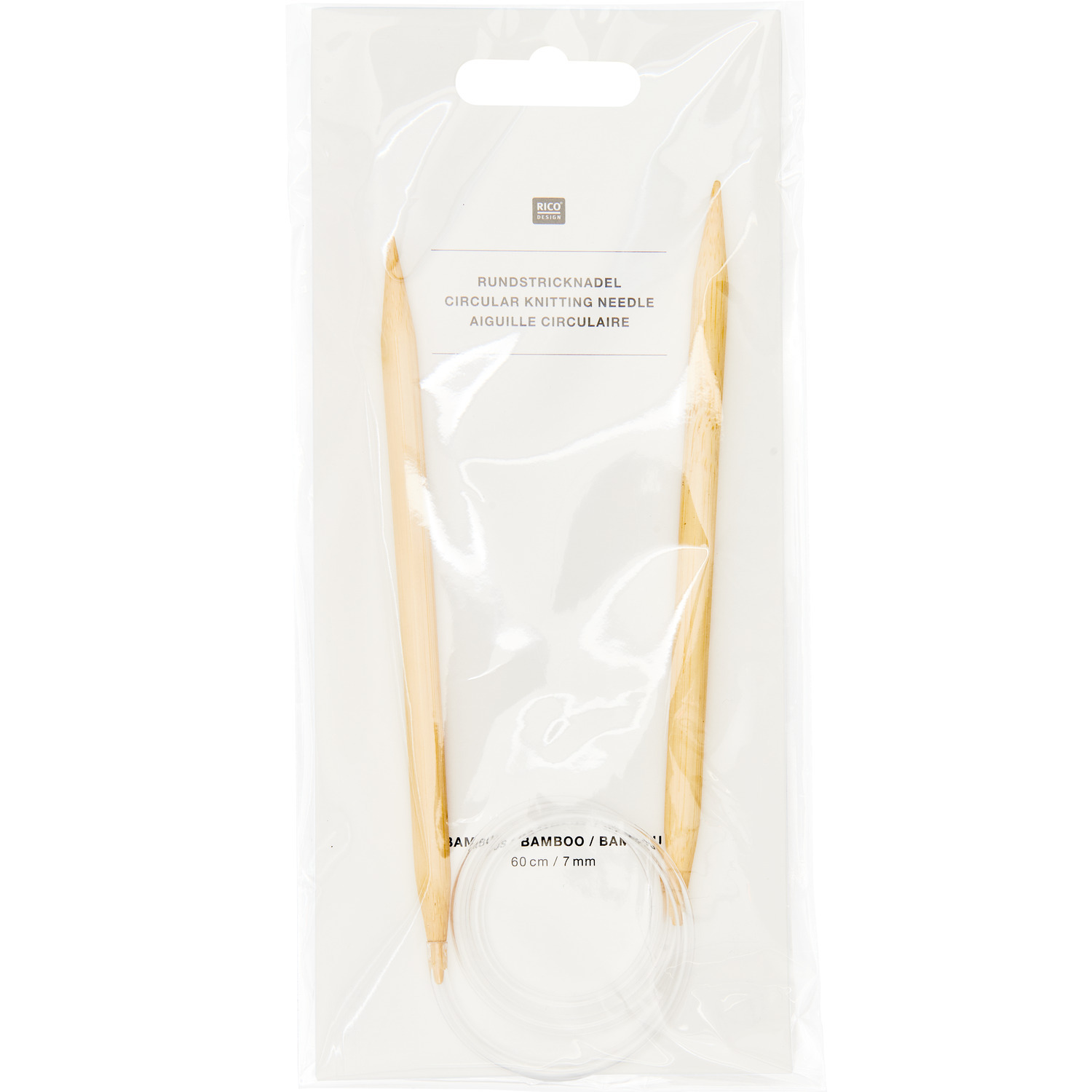 Rundstricknadel 60cm Bambus von Rico Design in transparenter Verpackung, ideal zum Stricken.