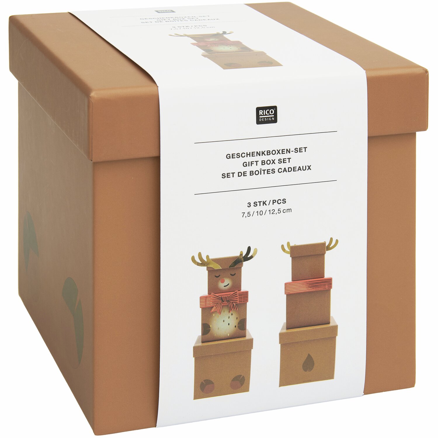 Geschenkboxen-Set Rentier: Braune Box mit Rentiermotiv, 5-teilig von Rico Design, ideal für festliche Anlässe.