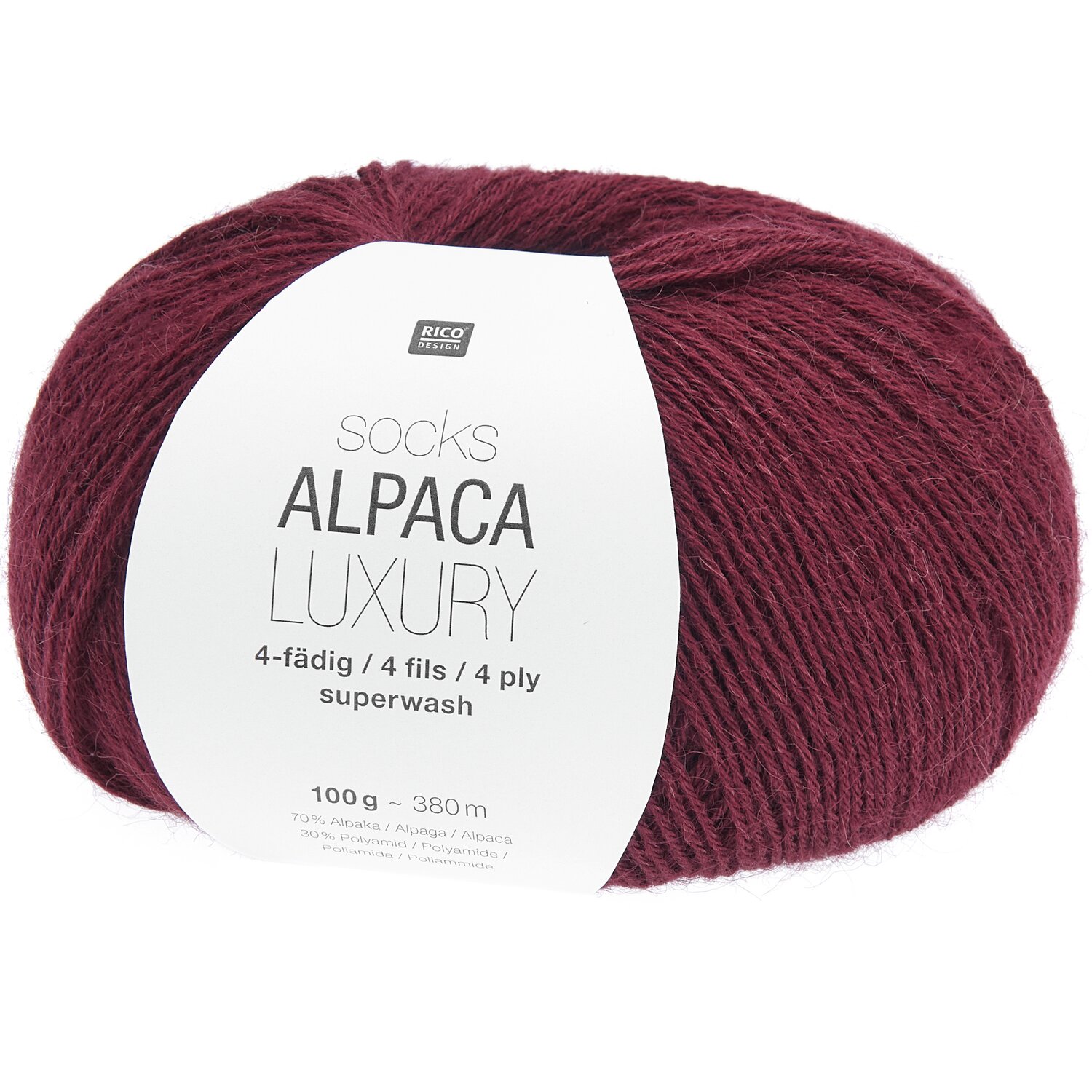 Socks Alpaca Luxury 4-fädig 100g 380m Farbe Bordeaux von Rico Design Socks Alpaca Luxury 4-fädig Wolle in Bordeaux von Rico Design, 100g Knäuel mit 380m Länge.