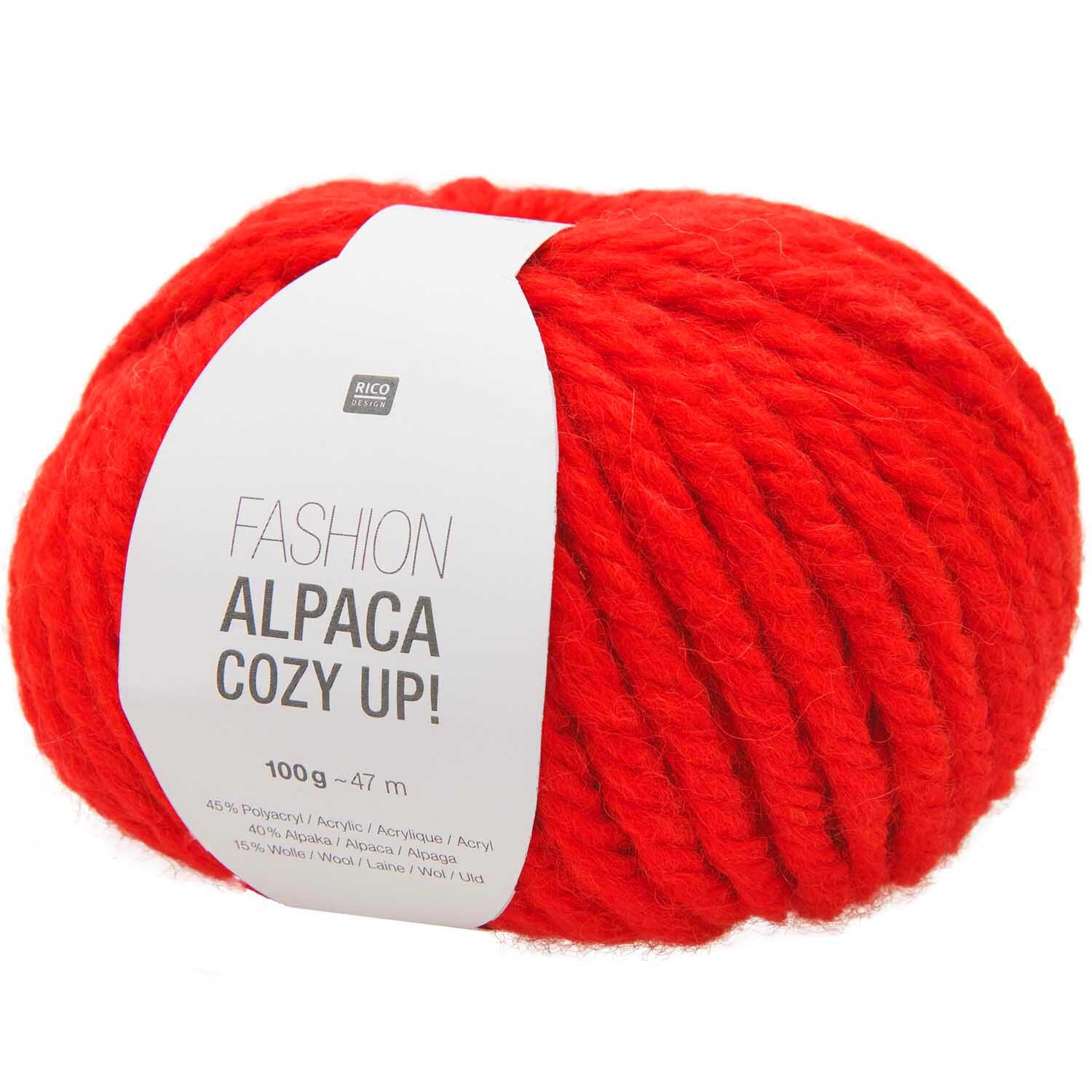 Fashion Alpaca Cozy Up! in leuchtendem Rot von Rico Design, 100g Wolle, ideal für warme Strickprojekte.
