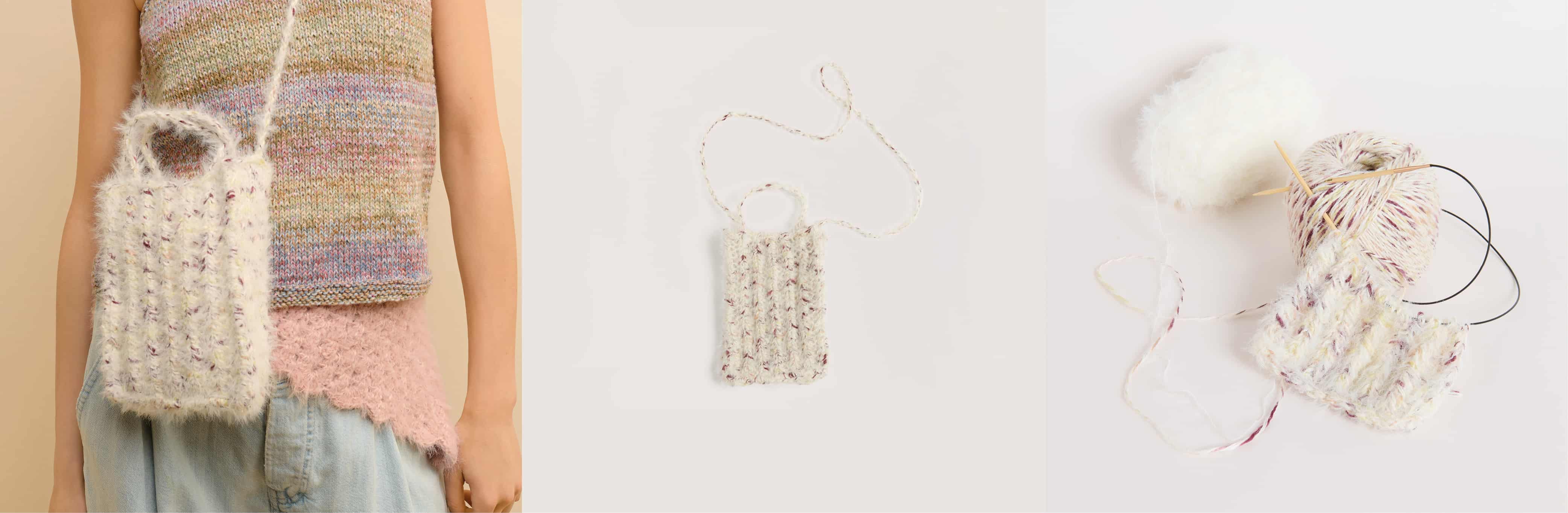 Gehäkelte Tasche Modell 03 aus Made by Me No. 22 gestylt und auf grauem Hintergrund. Daneben Wollknäuel in Weiß und Creme/Rot und ein Strickstück an Stricknadeln.