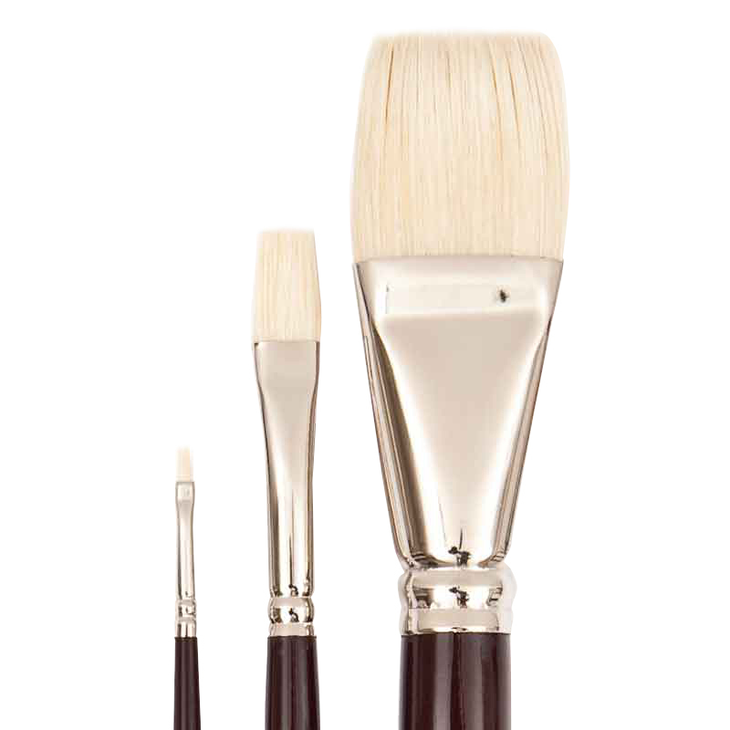 Pinsel Art School Öl Borste flach von Rico Design, zeigt drei flache Pinsel mit hellen Borsten.