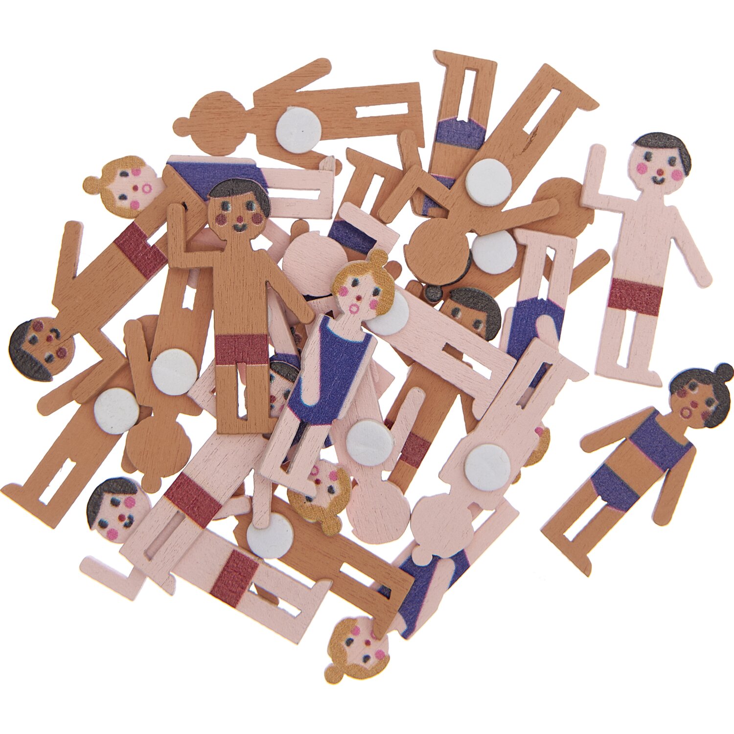 Holzsticker Badegäste Mix blau-rot 24 Stück: Bunte Figuren aus Holz in Badebekleidung.