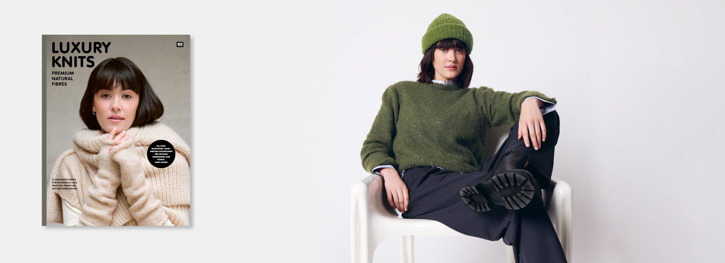 Eine Frau sitzt lässig auf einem Stuhl und trägt gestrickte Kleidungsstücke aus dem Handstrick Magazin Luxury Knits - Premium Natural Fibres. Daneben ein Cover des Handstrick Magazins Luxury Knits - Premium Natural Fibres