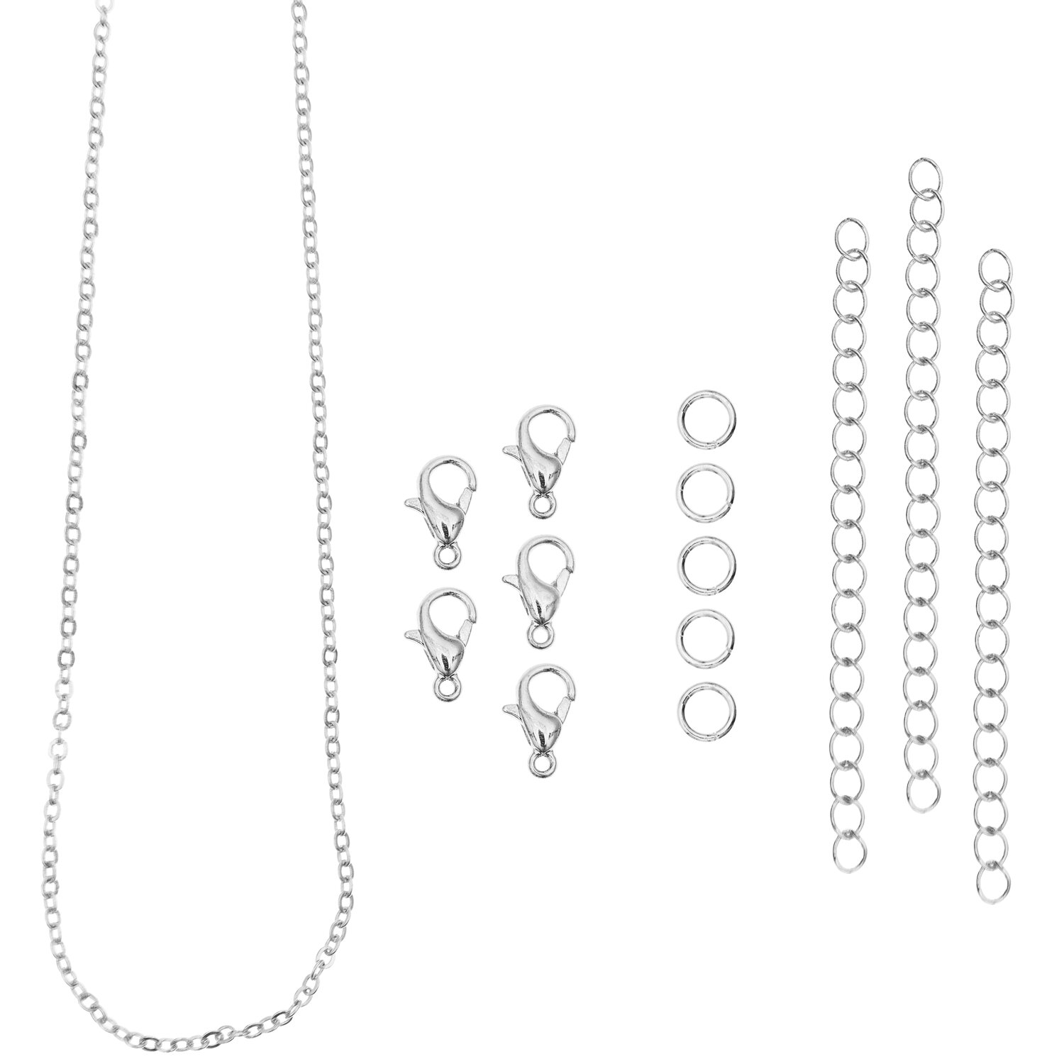 Karabiner-Verschlüsse und Ketten silber, 14-teiliges Schmuckset von Rico Design mit einer feinen Gliederkette, Verlängerungsketten, Federringen und Karabinern