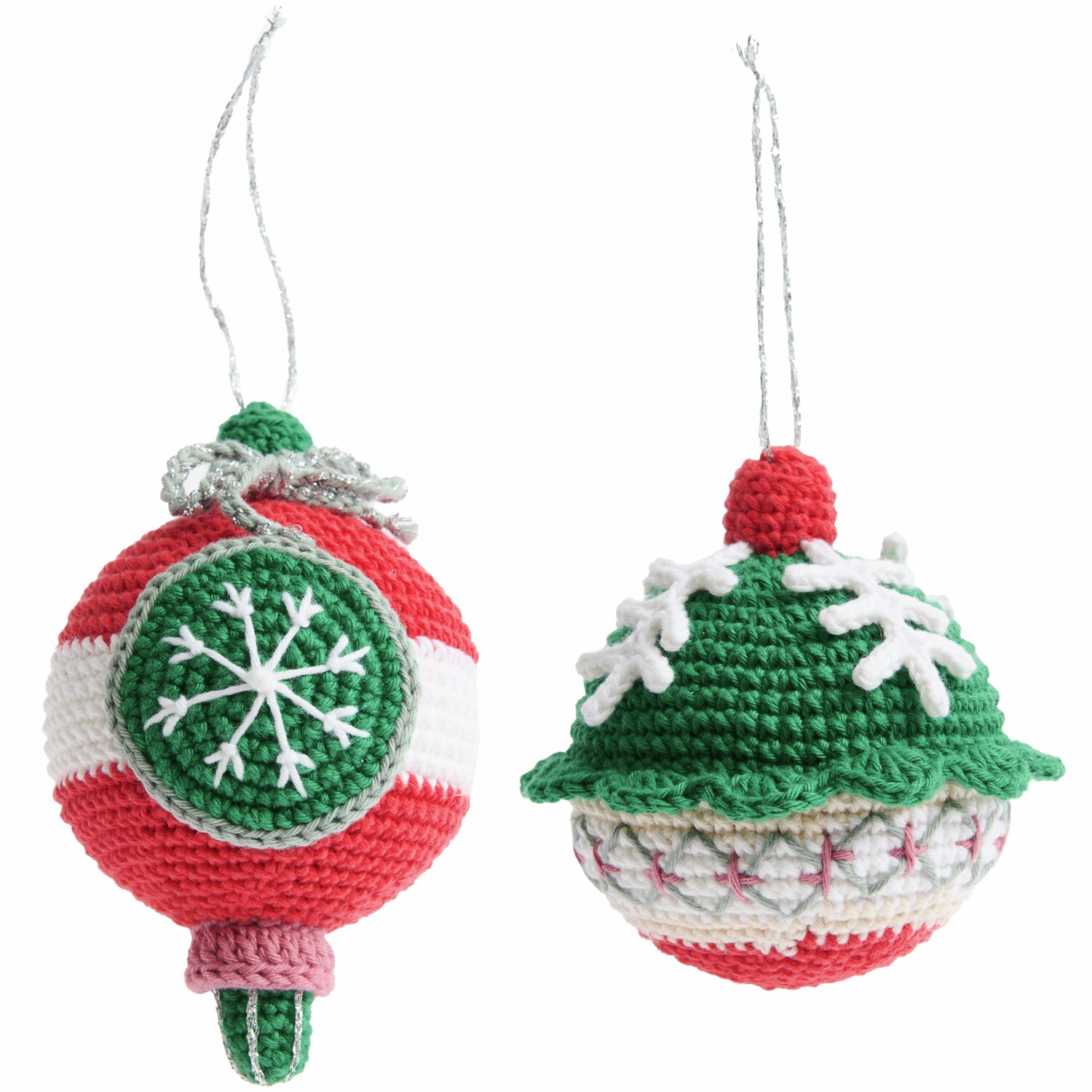 Ricorumi Häkelset Christbaumkugeln Silber: Zwei handgefertigte, bunte Kugeln mit Schneeflockenmotiv, ideal für festliche Dekorationen.