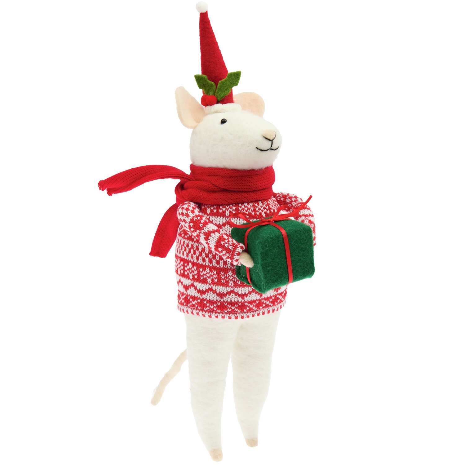 Filz-Maus XXL hält ein Geschenk, trägt einen roten Strickpulli und eine rote Mütze. Perfekt für festliche Dekorationen.