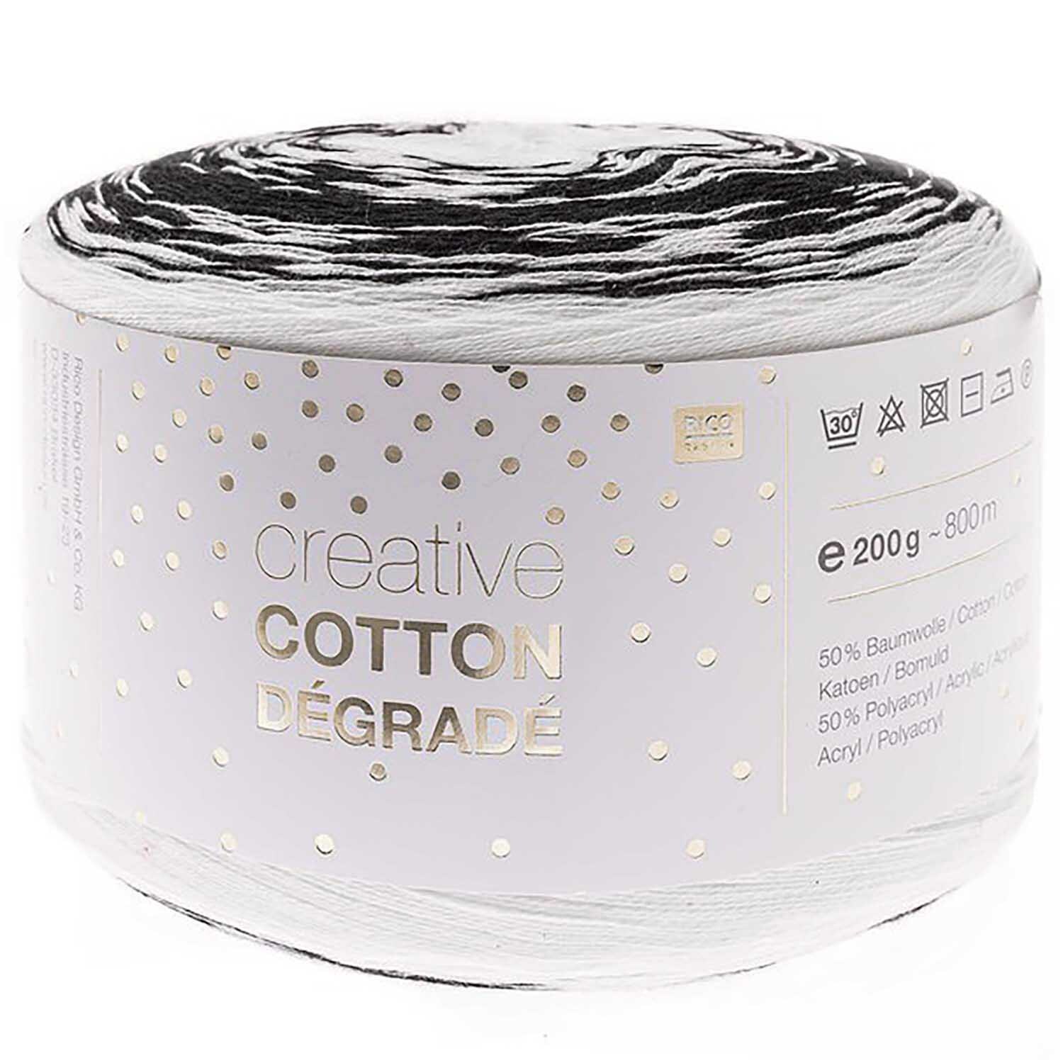 Creative Cotton dégradé von Rico Design in Schwarz-Weiß, 200g 800m, zeigt ein Garnknäuel.