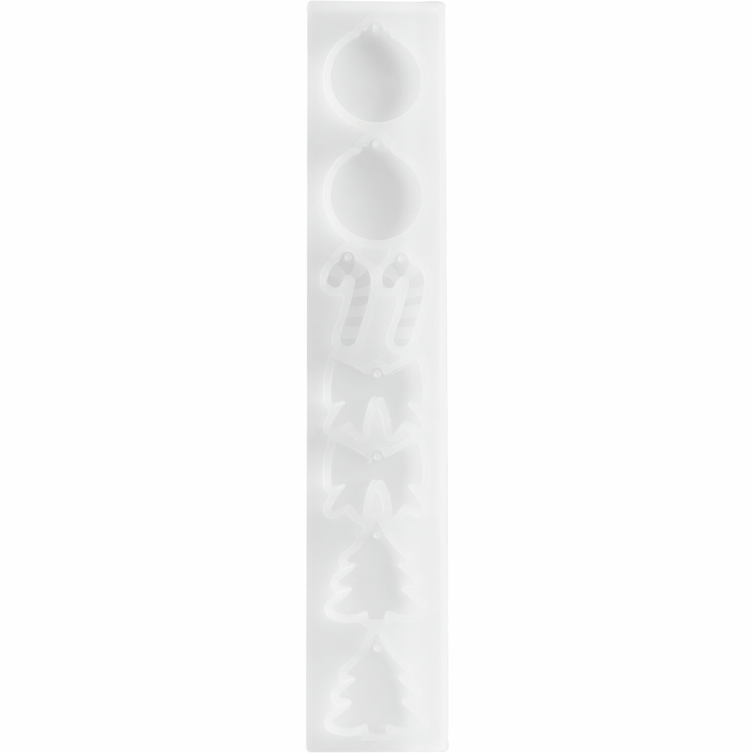 Silikon Gießform Anhänger Weihnachten: Weiße Form von Rico Design mit weihnachtlichen Motiven wie Bäumen und Zuckerstangen.