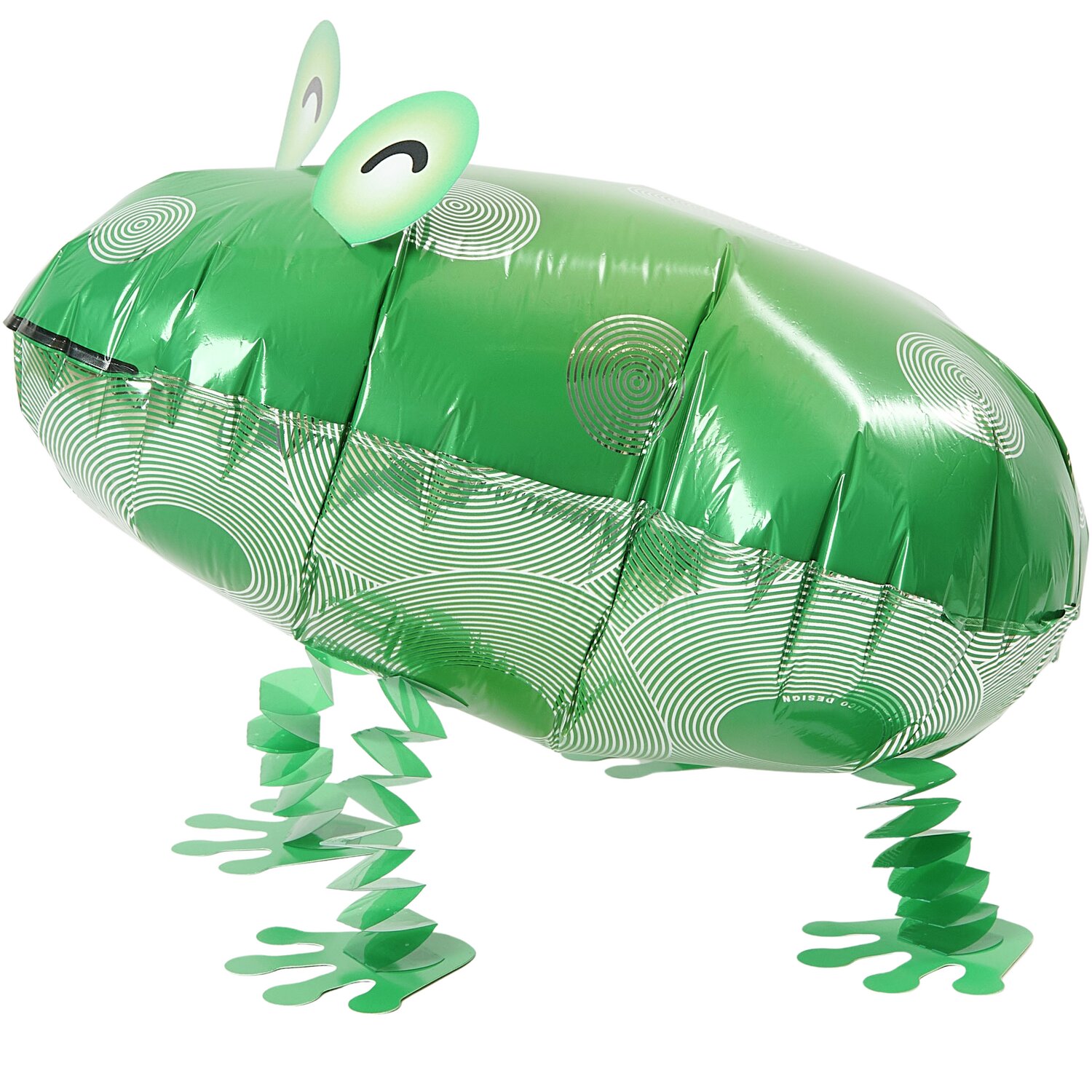 Folienballon Airwalker Frosch in leuchtendem Grün mit spiralförmigen Mustern, 41x20x31cm.