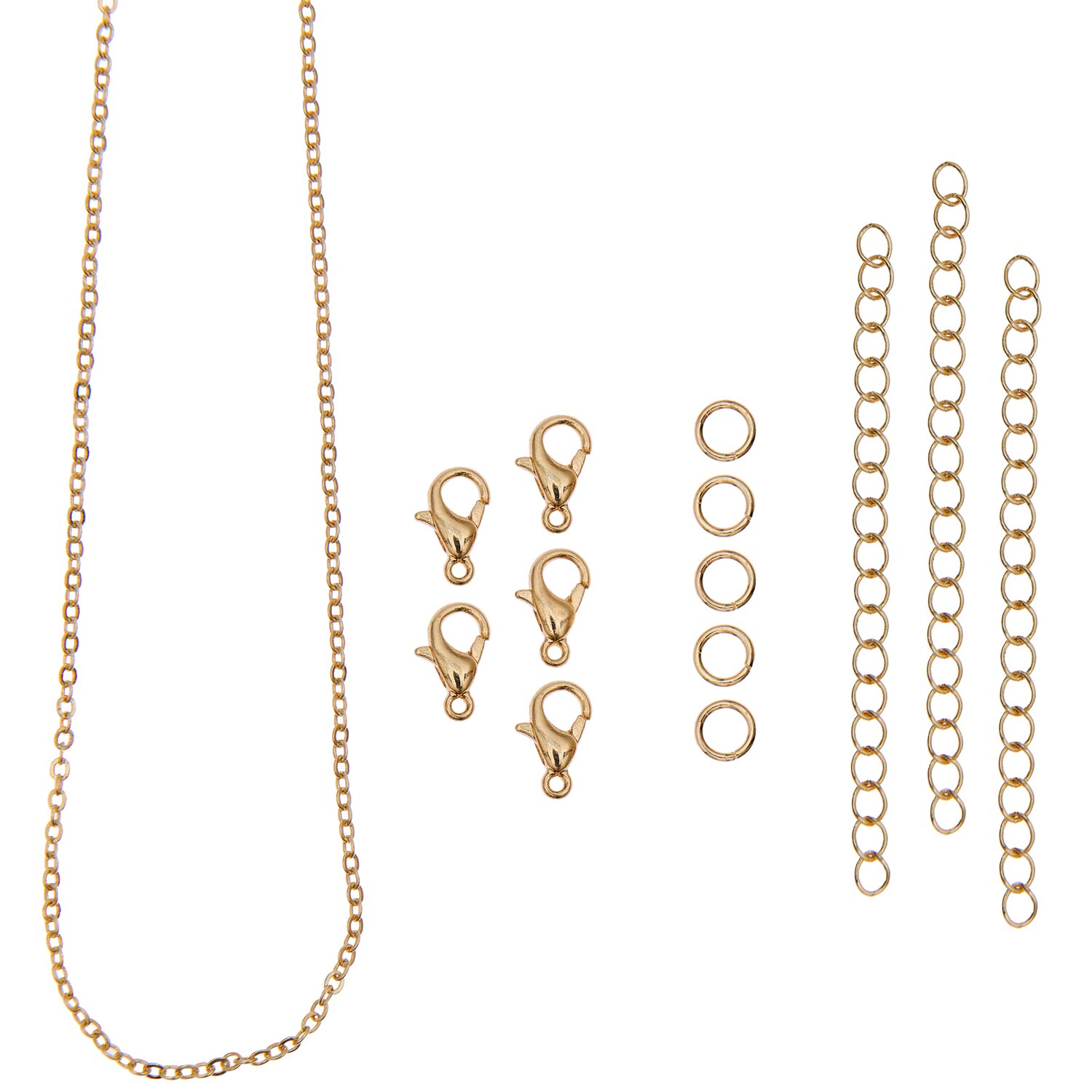 Karabiner-Verschlüsse und Ketten gold, 14-teiliges Schmuckzubehör-Set von Rico Design mit feinen Gliederketten, Verschlüssen und Ringen für DIY-Halsketten