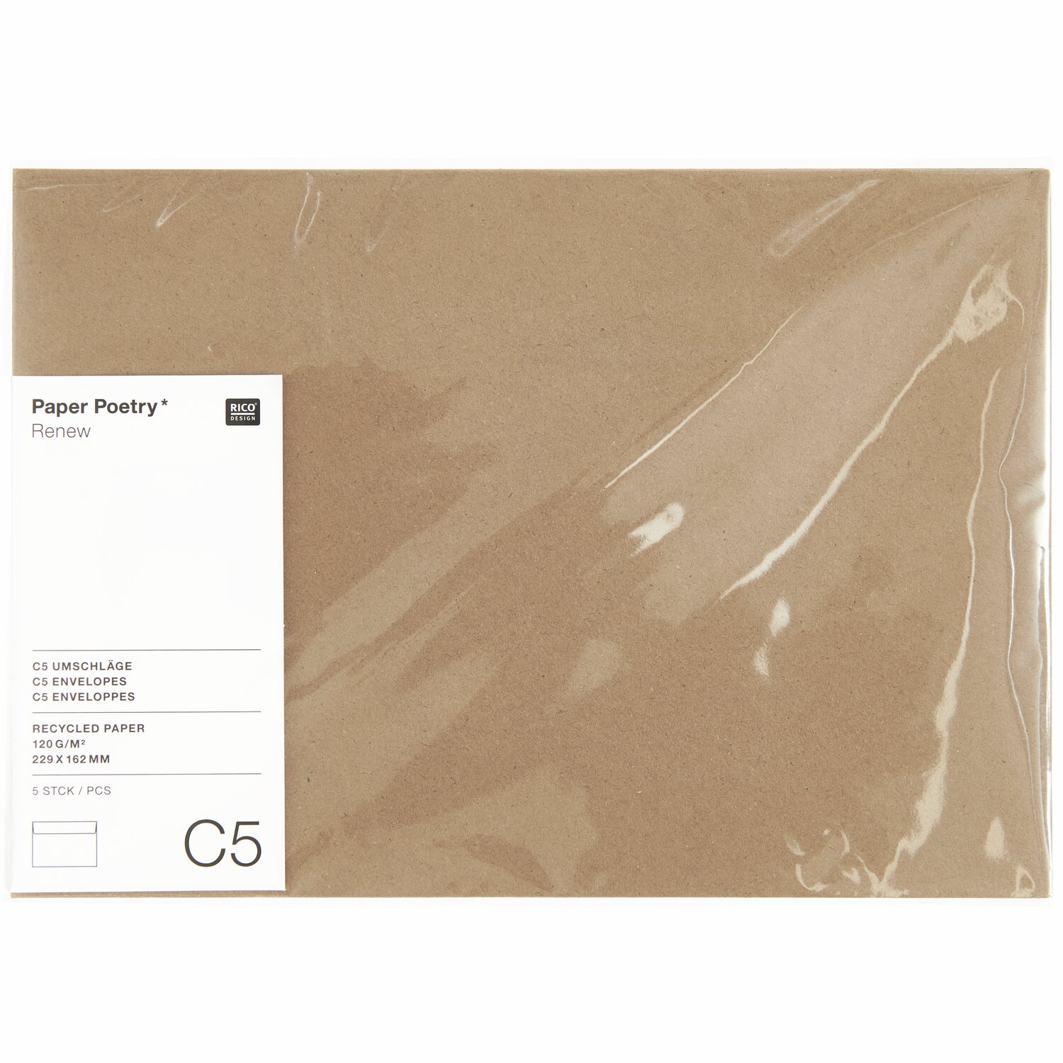 Paper Poetry Renew Umschläge C5 aus Kraftpapier, 5 Stück, von Rico Design, in natürlichem Braunton. Ideal für stilvolle Briefsendungen.