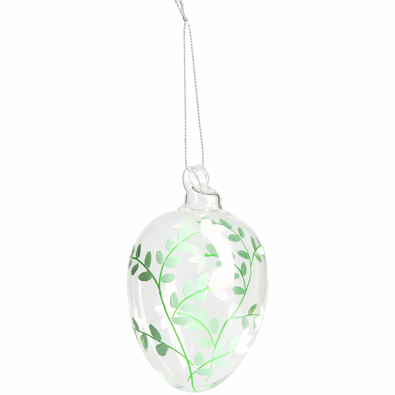 Glas Eier zarte Blüten 3 Stück: Transparentes Glas-Ei mit grünen Blättern, ideal als dekorativer Hänger. Größe: 11,5xØ7cm.