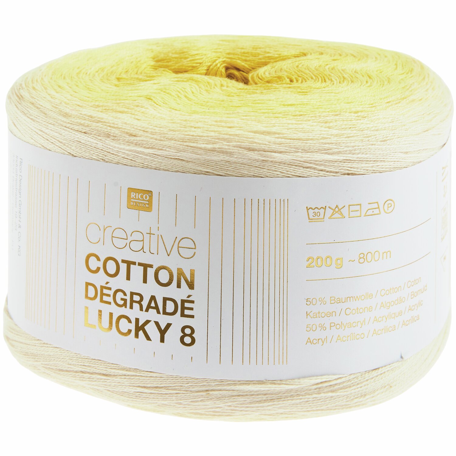 Creative Cotton Dégradé Lucky 8, gelbes Garn von Rico Design, 200g, 800m, ideal zum Stricken.