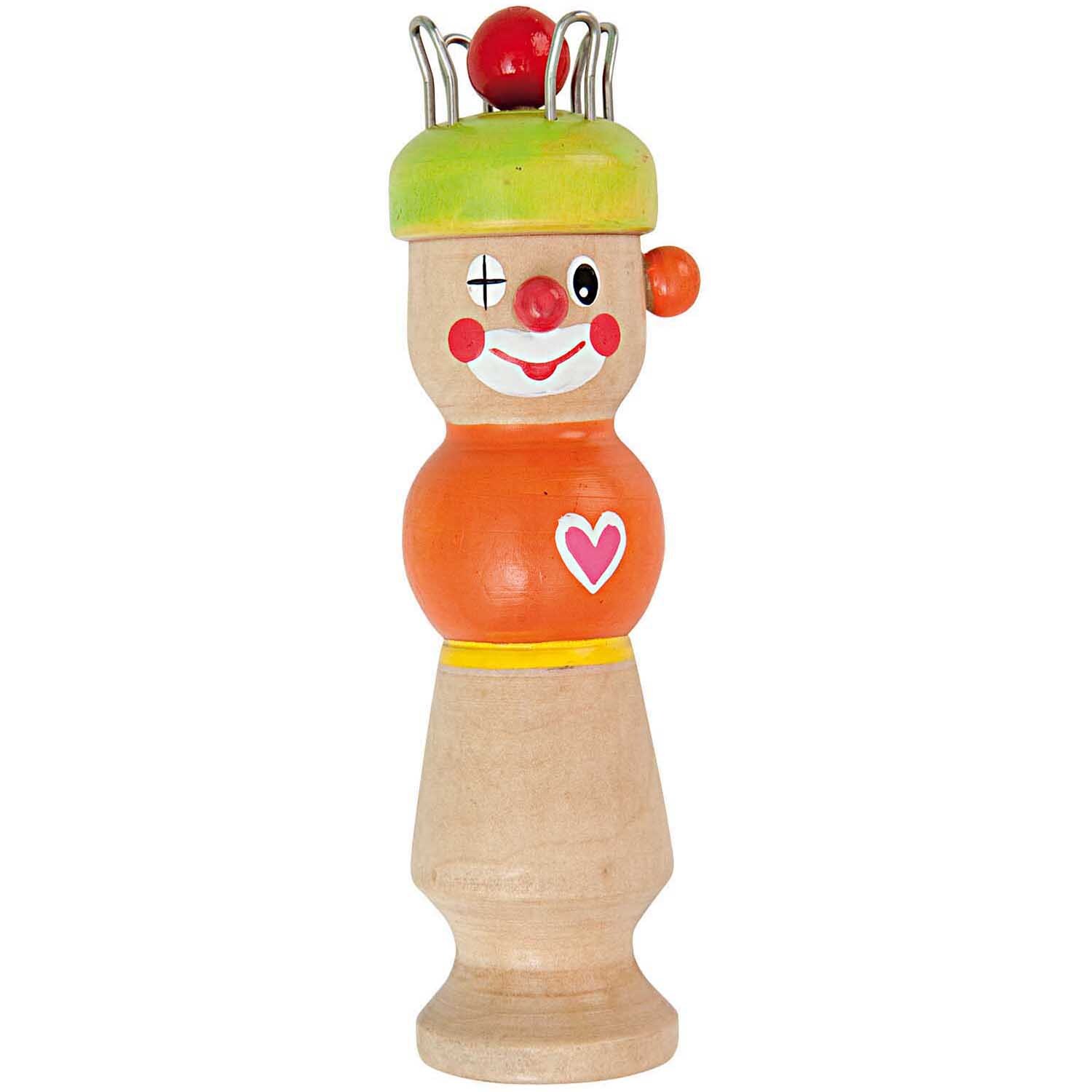 Strickliesel Pascal Orange: Bunter Strickhelfer in Clownform mit Herzmotiv, ideal für kreative Handarbeiten.