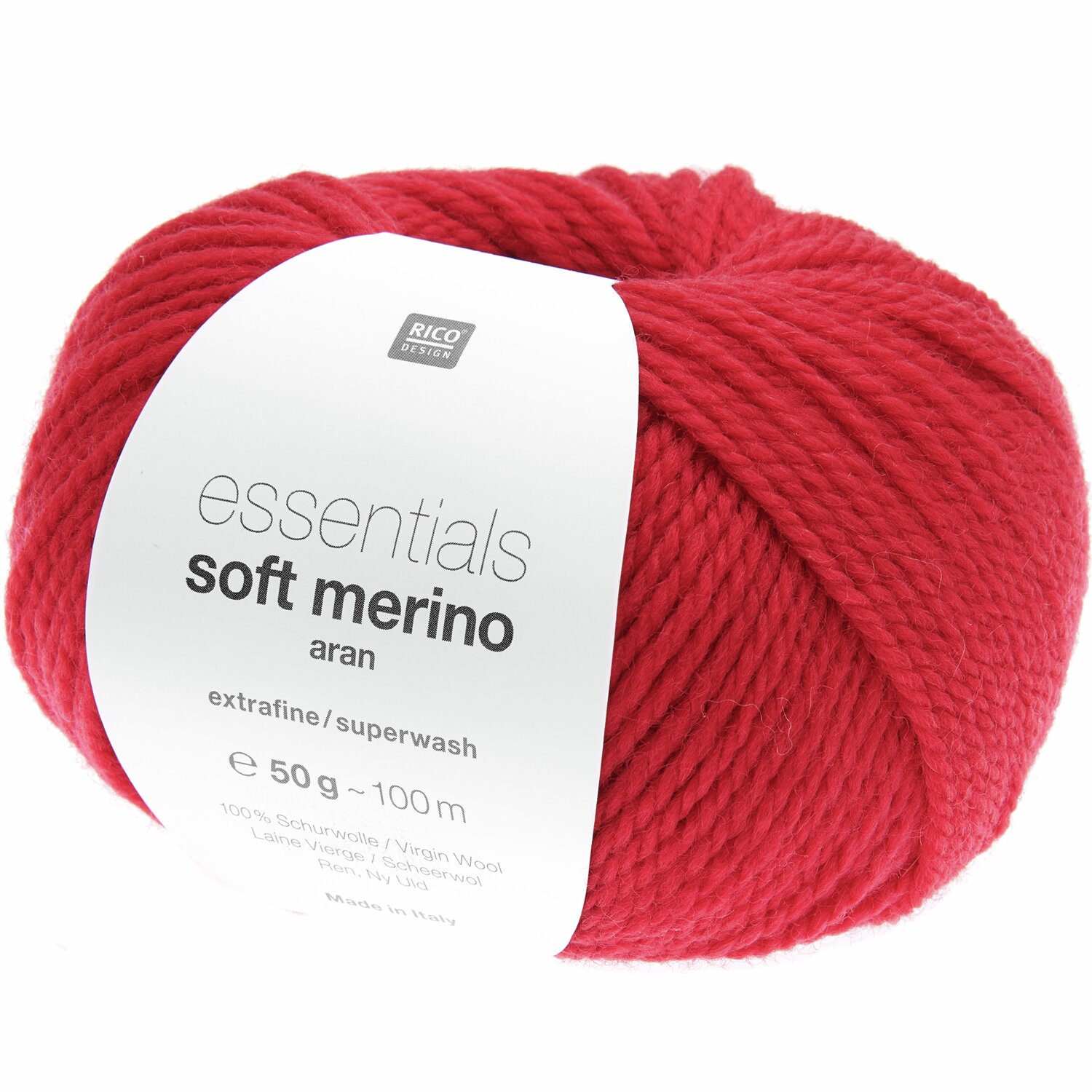 Essentials Soft Merino aran Wolle in kräftigem Rot, 50g Knäuel von Rico Design, ideal zum Stricken.