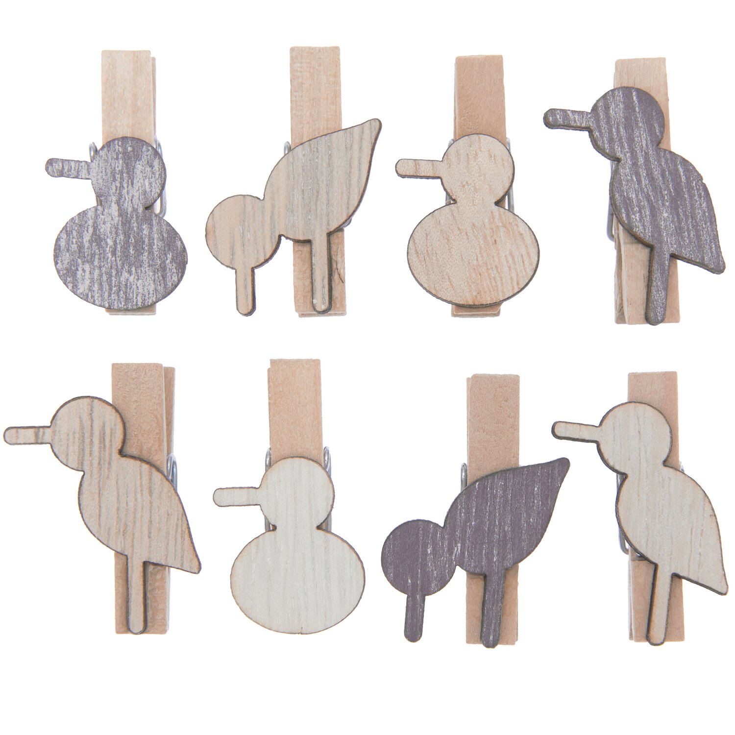 Dekoklammern Möwe Mix natur 7x35mm 8 Stück: Holzwäscheklammern mit Möwenmotiven in natürlichen Farbtönen, ideal für kreative Dekorationen.