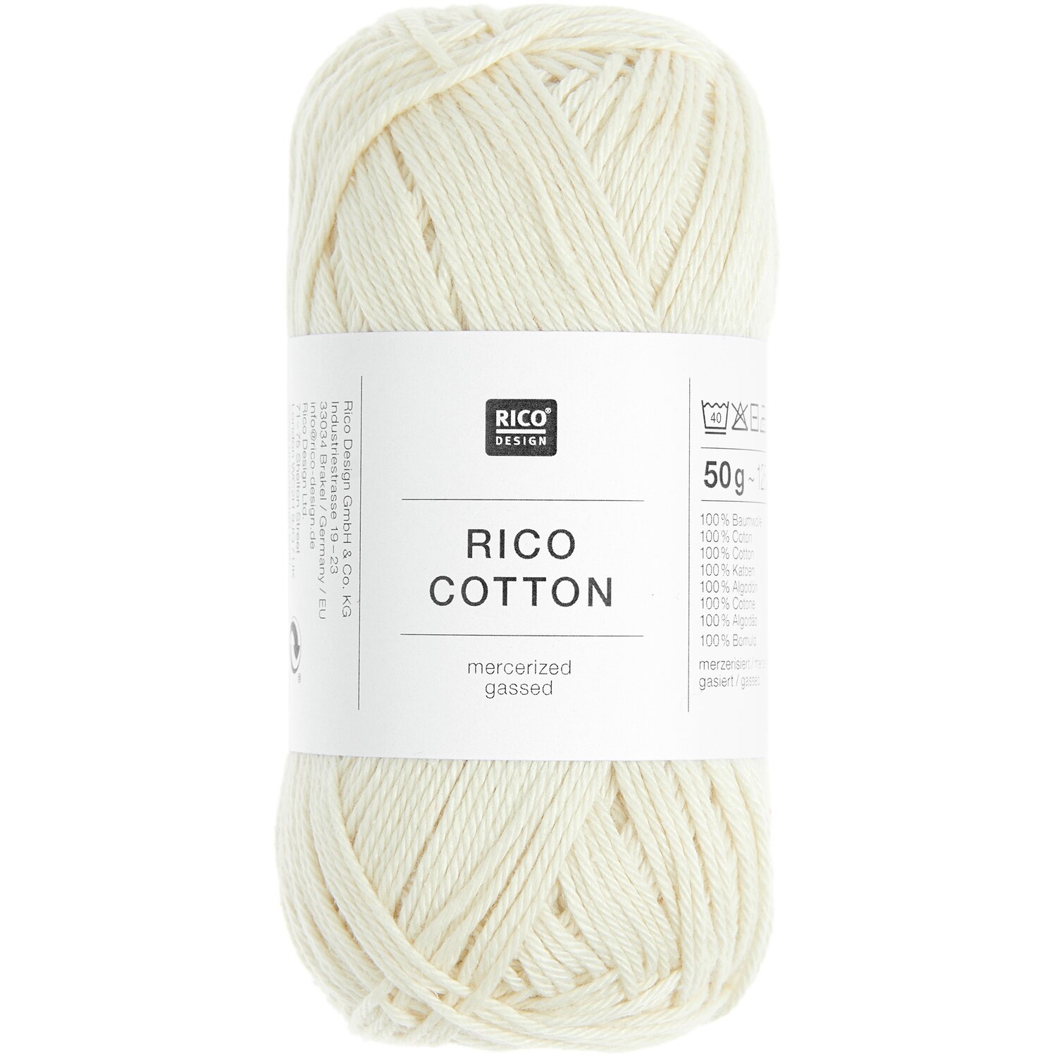 Rico Cotton: Elfenbeinfarbene Baumwolle von Rico Design, 50g Knäuel, 125m Länge, ideal zum Stricken.