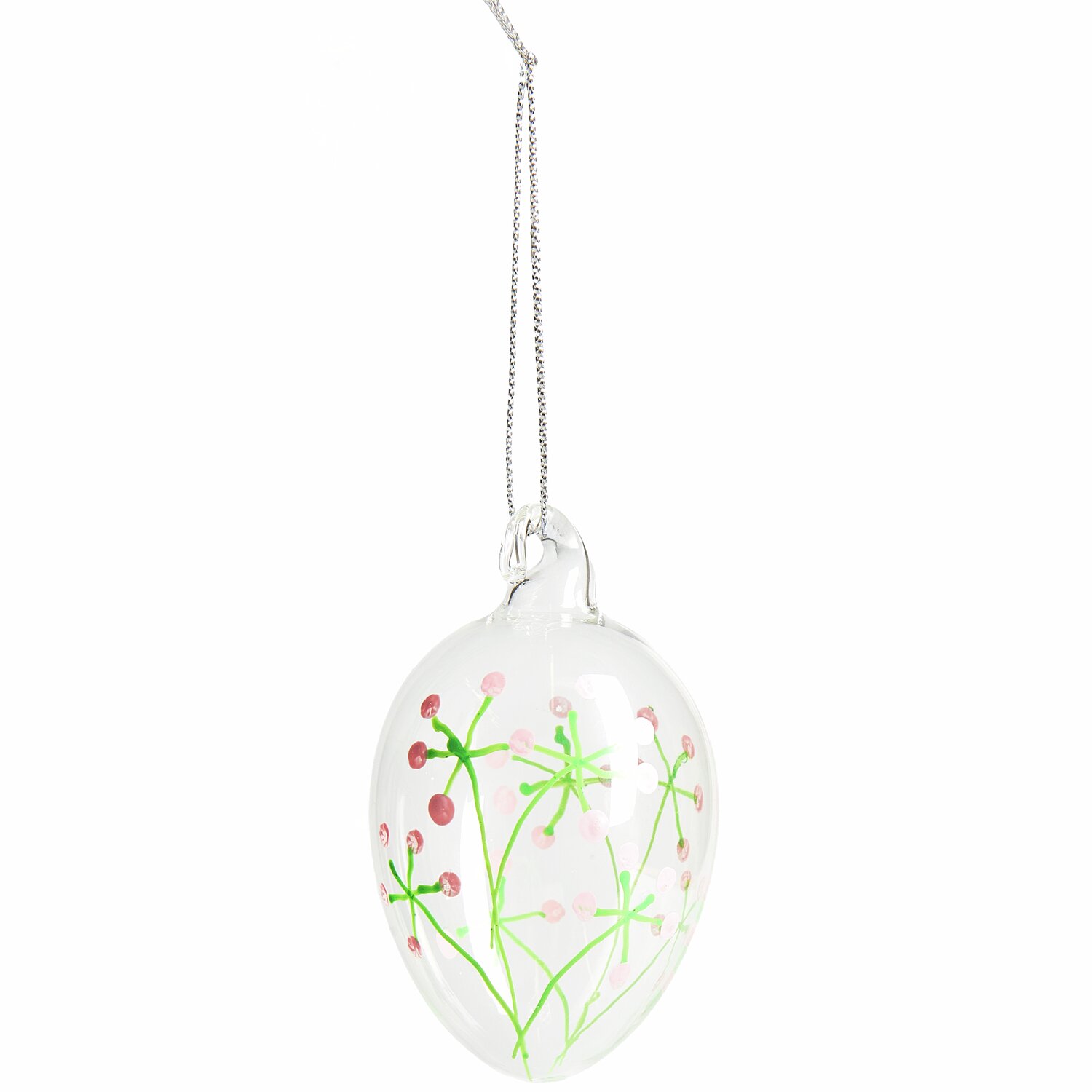 Glas Eier Frühlingswiese handbemalt 4 Stück, dekoratives Ei mit Blumenmotiv, zarte Farben, ideal für Osterdekoration.