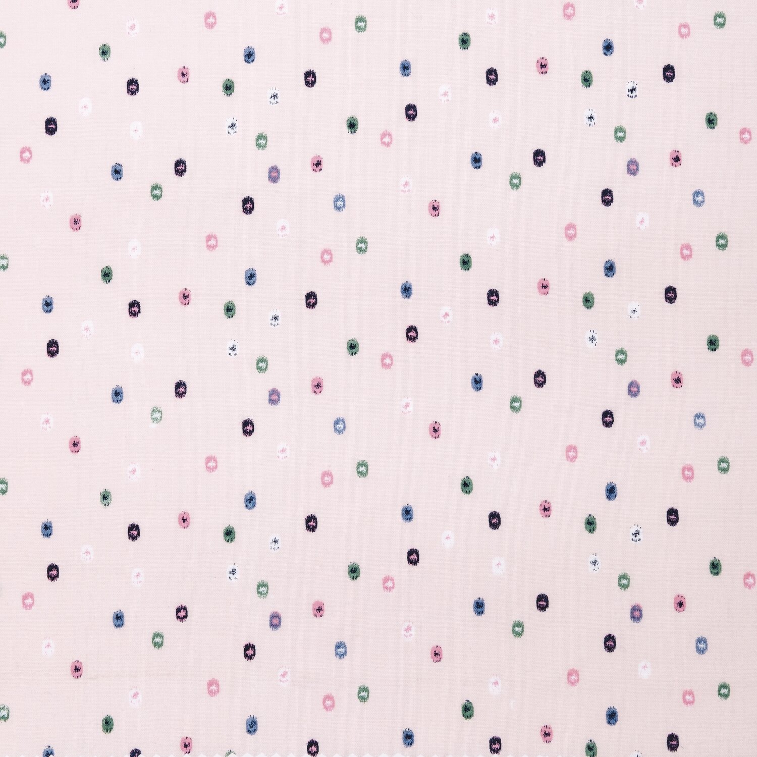 Druckstoff grafische Punkte rosa 140cm: Stoff mit bunten Punkten auf rosa Hintergrund, ideal für kreative Nähprojekte.
