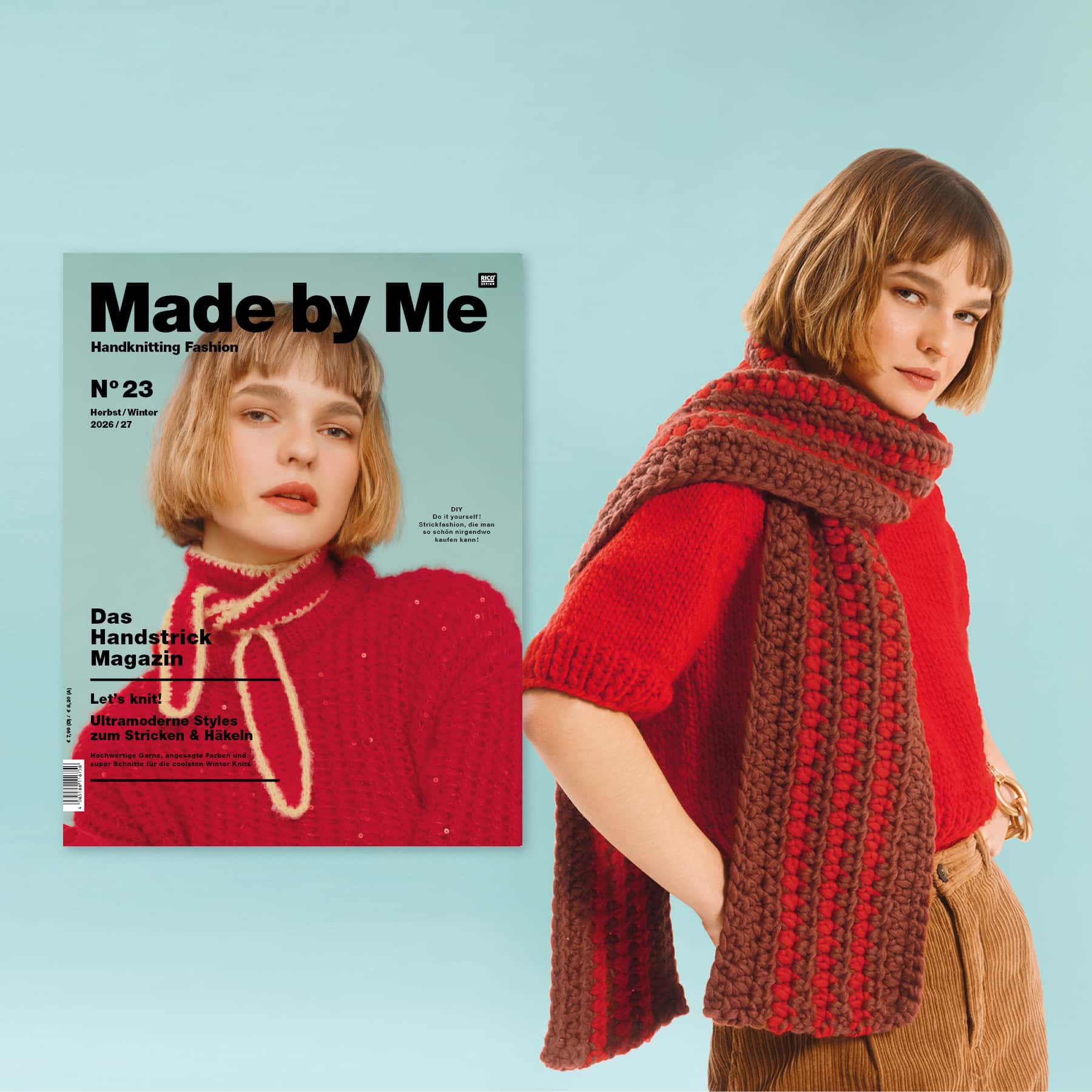 Eine Frau trägt einen roten gestrickten Pullover und einen gehäkelten Schal und posiert vor hellblauem Hintergrund. Daneben ein Cover des Handstrick Magazins Made by Me No. 23.