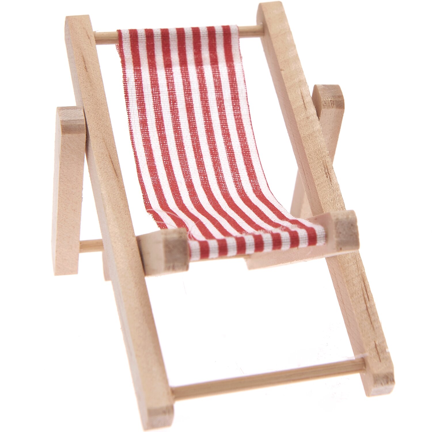 Deko-Liegestuhl rot-weiß mit Holzrahmen, ideal für Miniatur-Arrangements und Bastelprojekte.