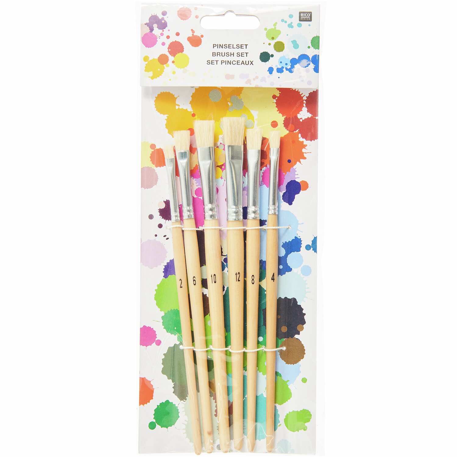 Borstenpinsel flach 6er Set, ideal für kreative Projekte. Naturfarbene Griffe, Marke Rico Design. Perfekt für präzises Malen.