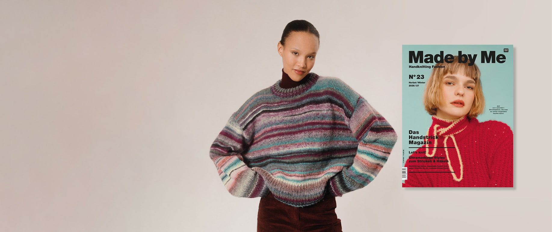 Gestreifter Pullover in Grau-, Rosa-, Türkis- und Lilatönen neben dem Magazin Made by Me mit passendem Strickmodell auf dem Cover.