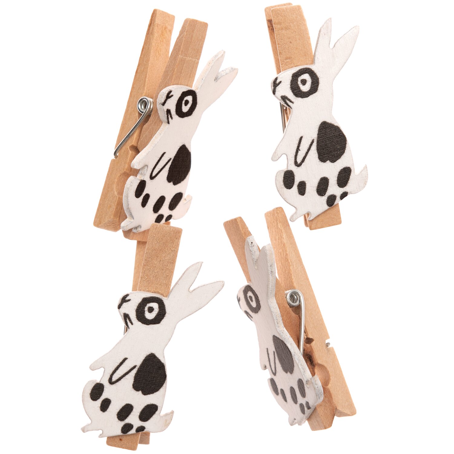 Dekoklammern Hase weiß 4 Stück: Vier Holzklammern mit weißen Hasenmotiven, ideal für Osterdekorationen.