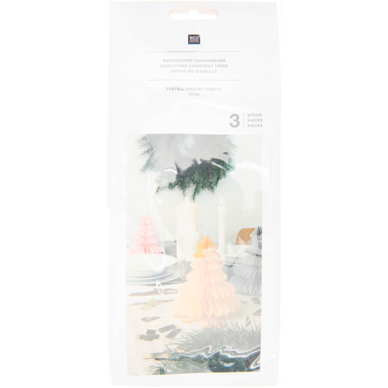 Wabenpapier Tannenbäume 20cm 3 Stück Farbe Pastell von Rico Design Wabenpapier Tannenbäume 20cm 3 Stück in Pastellfarben von Rico Design, dekorativ verpackt.
