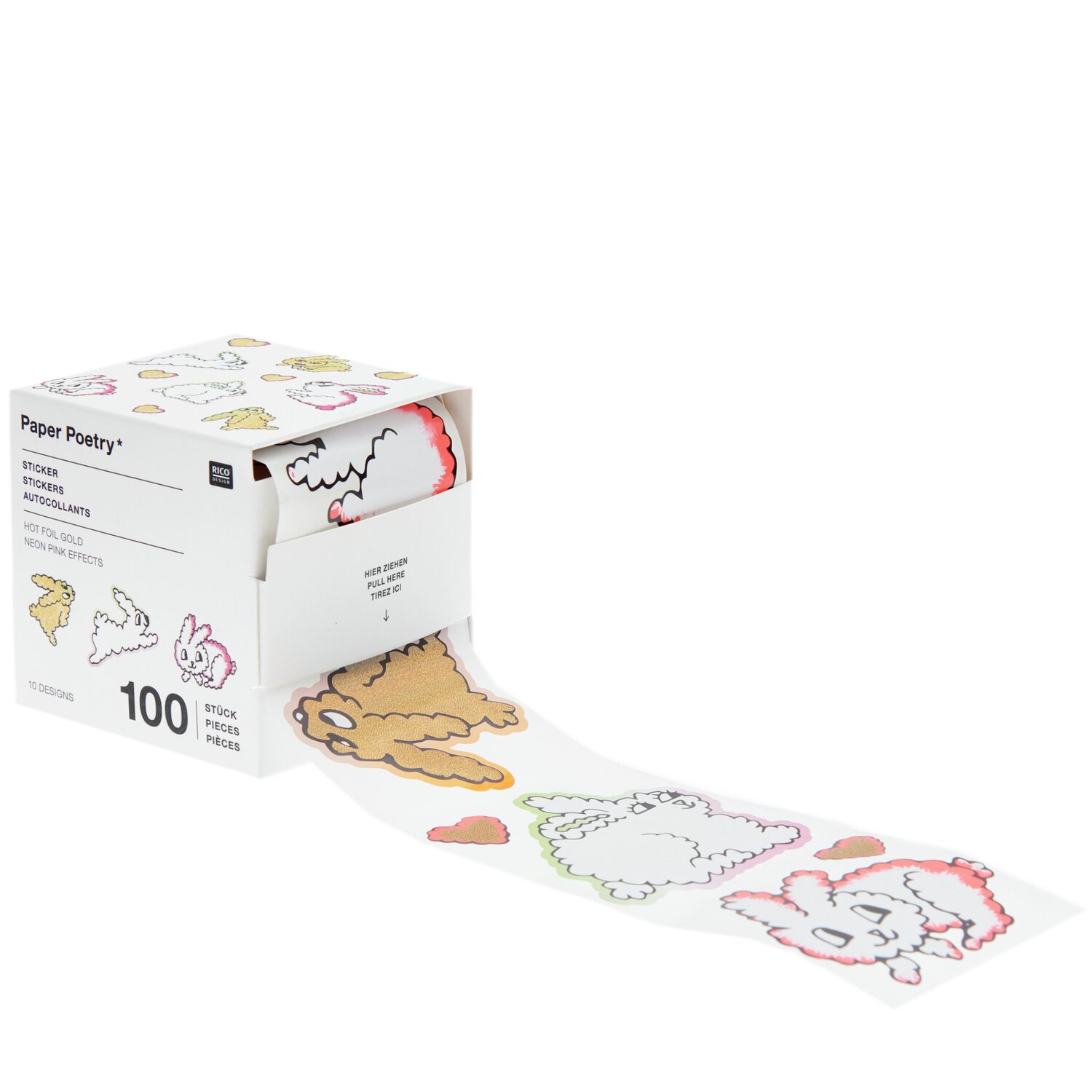 Paper Poetry Sticker Futschikato Hasen auf der Rolle, 100 Stück, bunte Hasen-Designs.