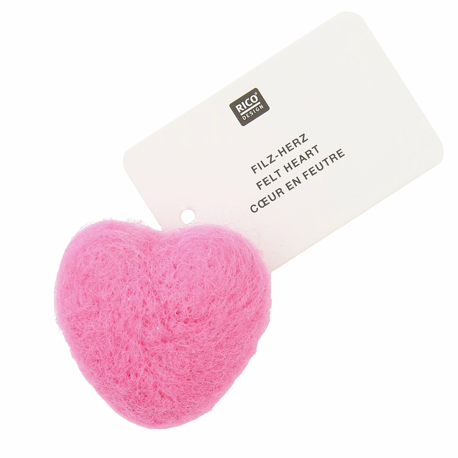Filz-Herz in Rosa von Rico Design, Ø3,8cm. Flauschiges Herz mit Etikett, ideal für Dekorationen.